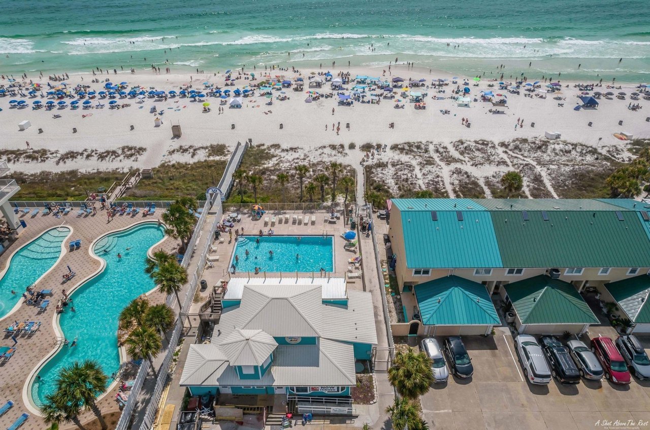 The beachfront clubhouse and pool