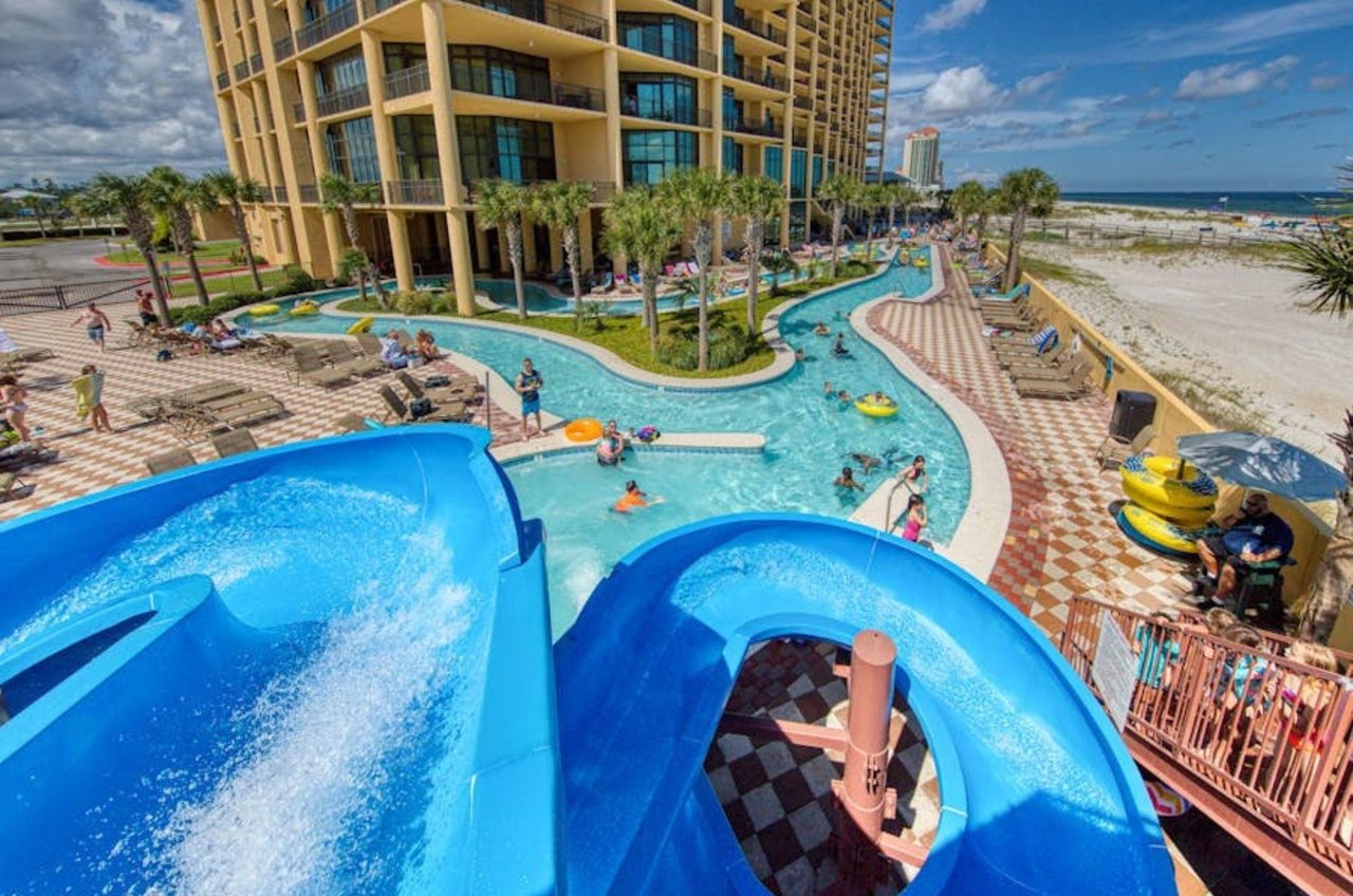 View of the lazy river from the water slide at Phoenix West II in Orange Beach Alabama