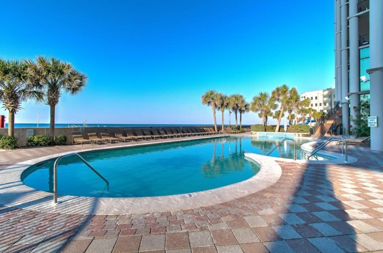 The beachfront swimming pool at Phoenix West II in Orange Beach Alabamaa