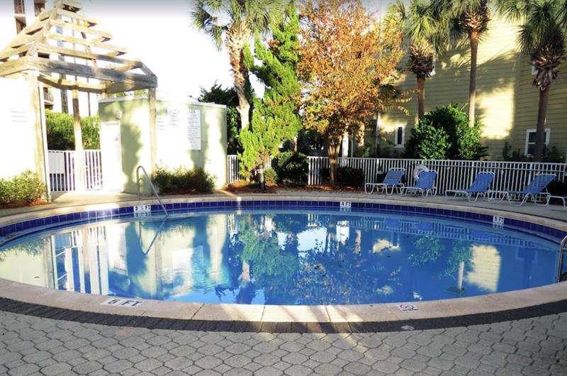 A unique circular pool provides a great place to refresh.