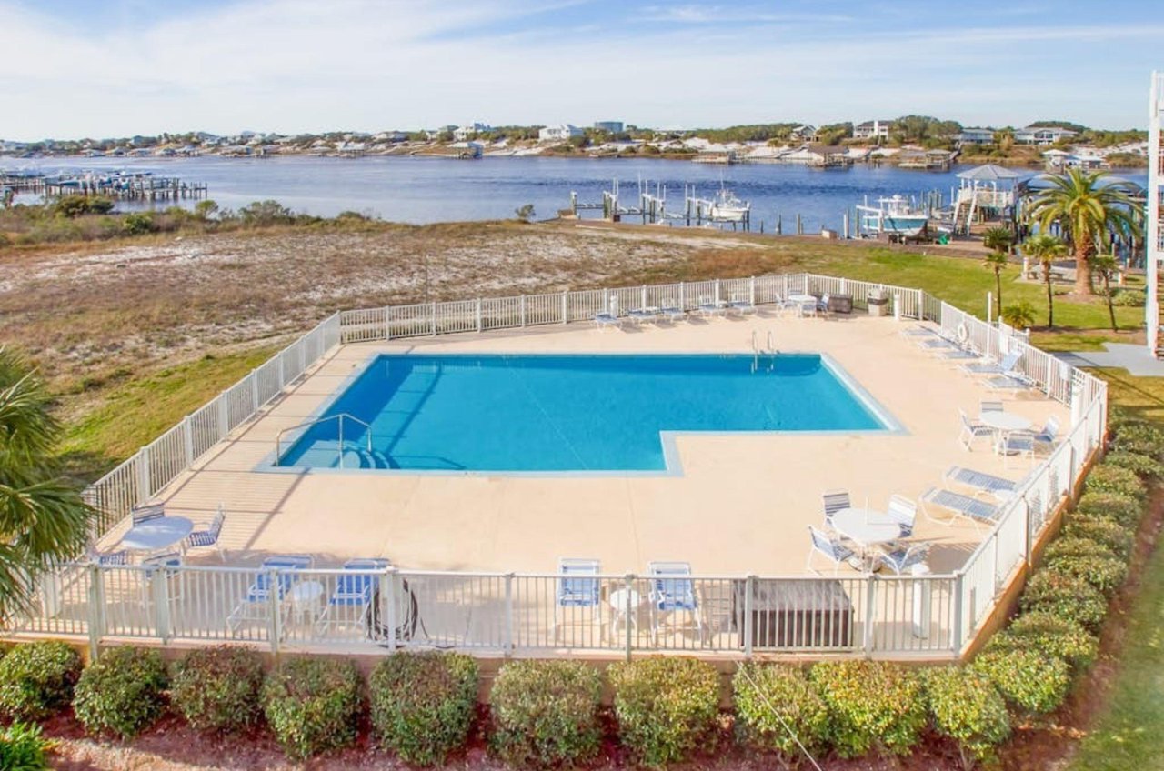 Birds eye view of the pool and pool deck at Jubilee Landing in Orange Beach Alabama