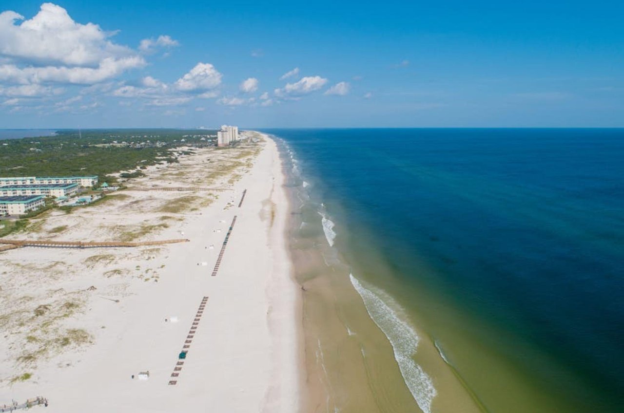 Aerial view of the coast in Fort Morgan Beach Alabama