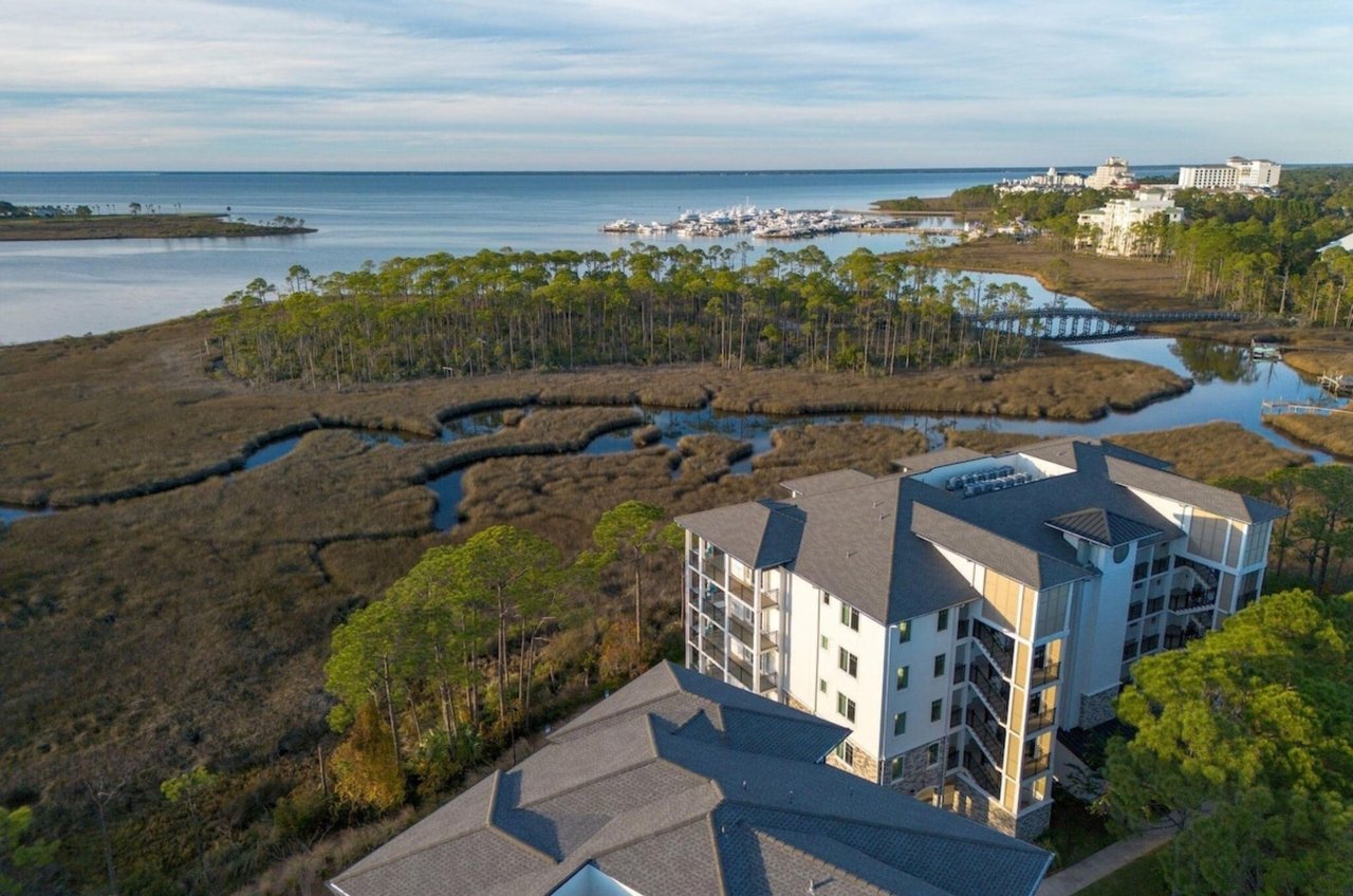 Aerial view of Osprey Pointe with the bay and lush swamp in the background