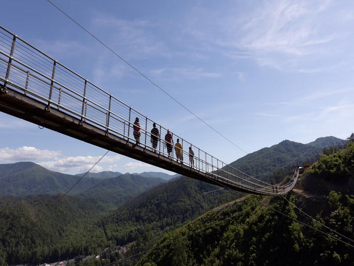 suspended walking bridge with people on it