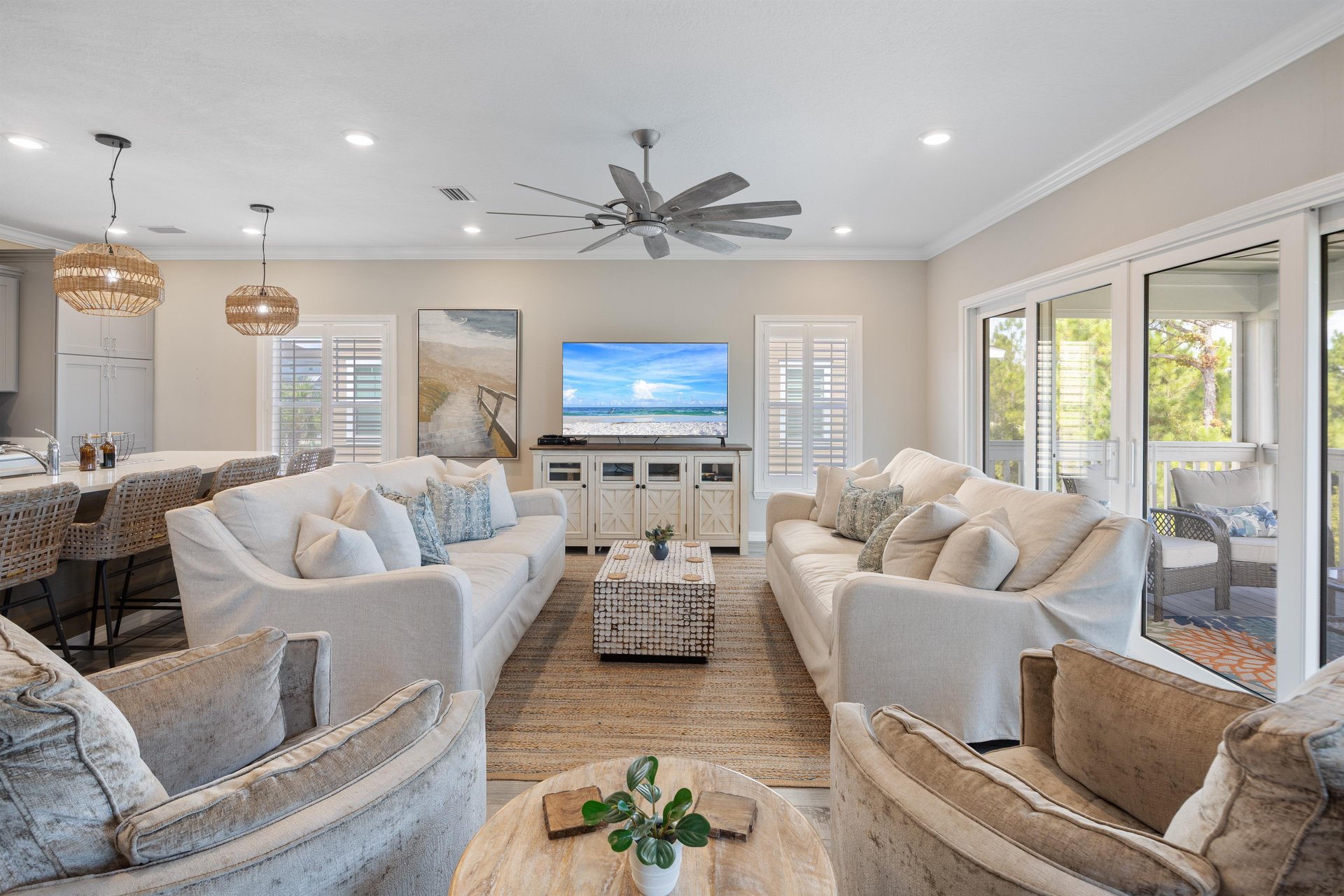 Family roomdining area walks out to private porch.