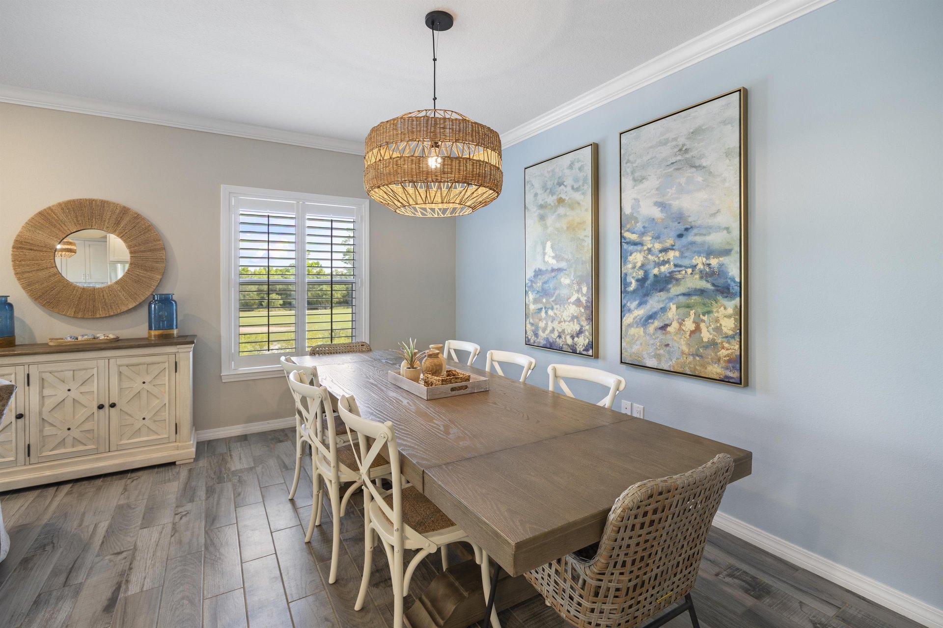 Dining area seats 8, plus barstools at island.