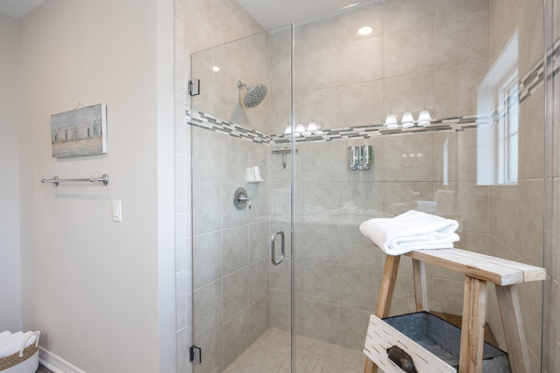 Primary bathroom with large spalike shower.