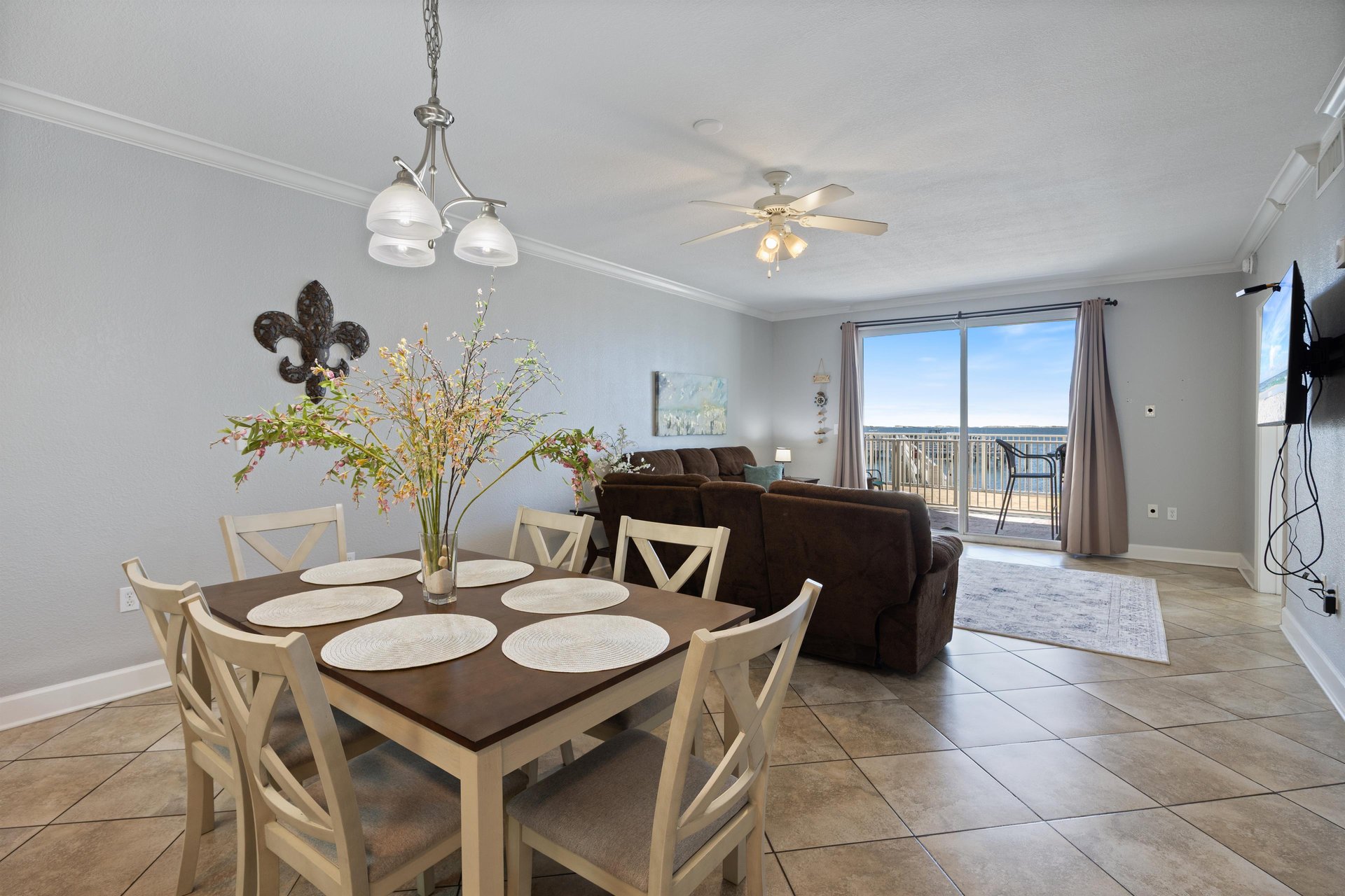 Open floor plan flows to waterfront back patio.