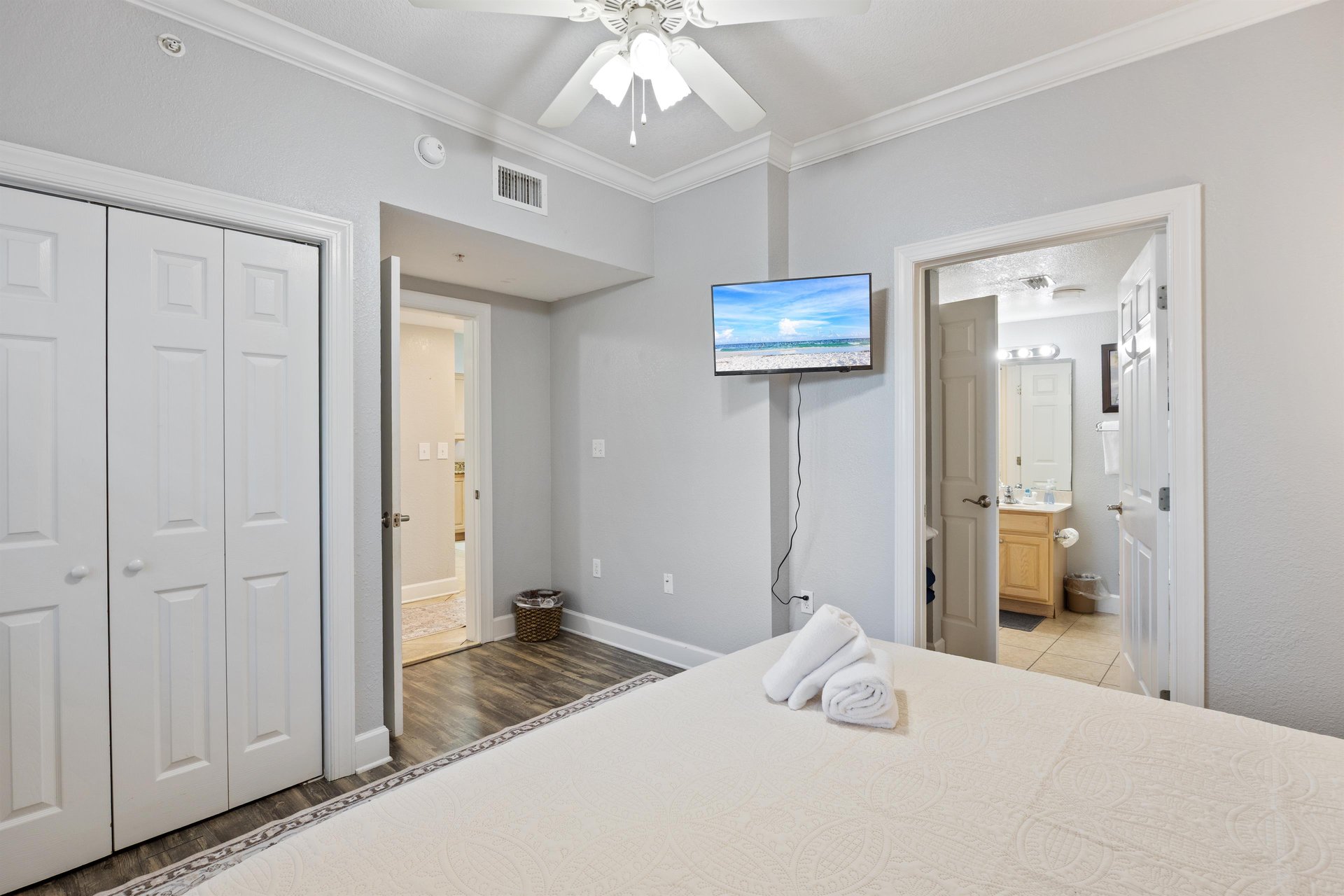 Comfortable guest room with new bedding