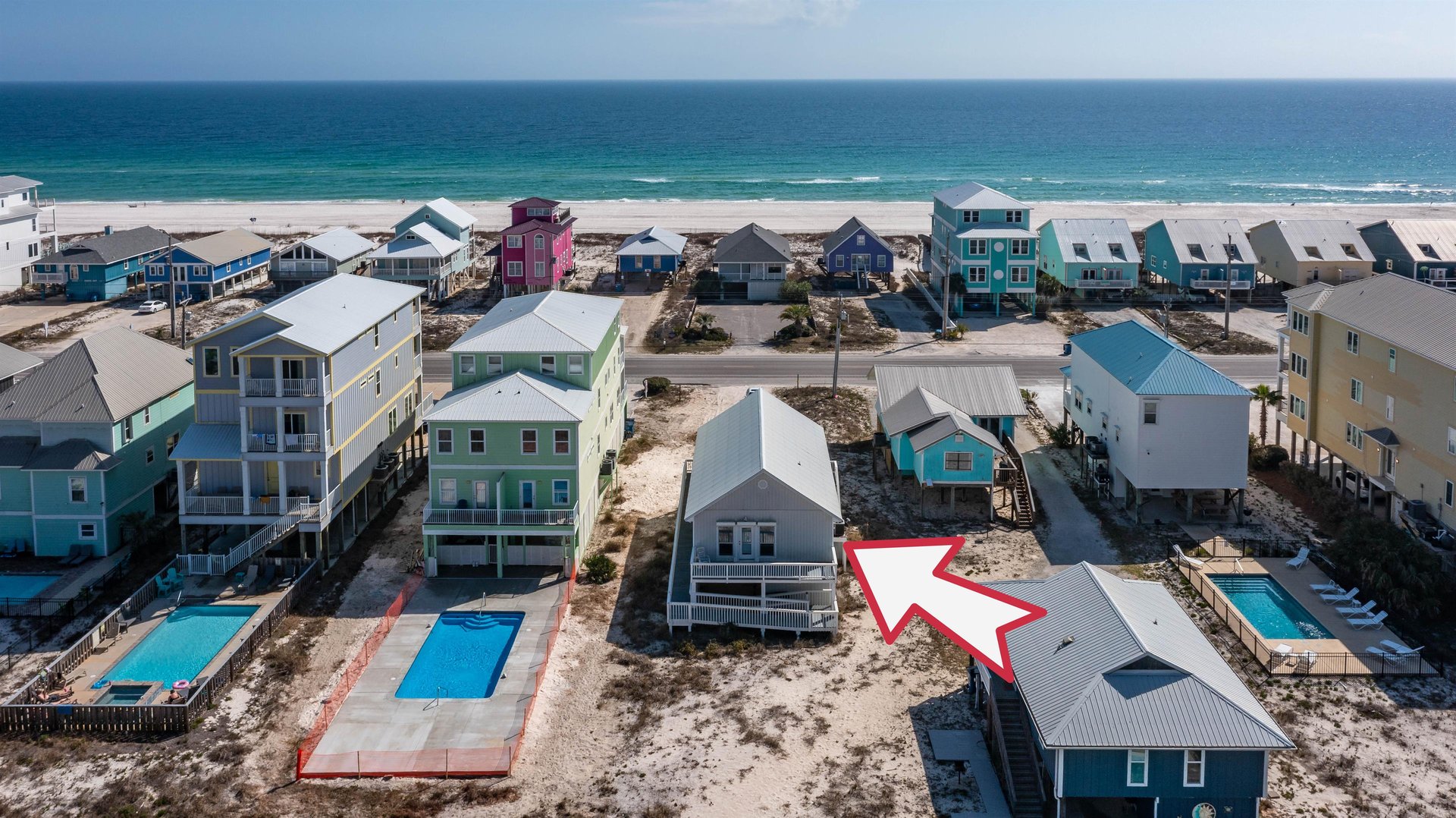 Aerial view showing proximity to the beach and surrounding Gulf Shores area