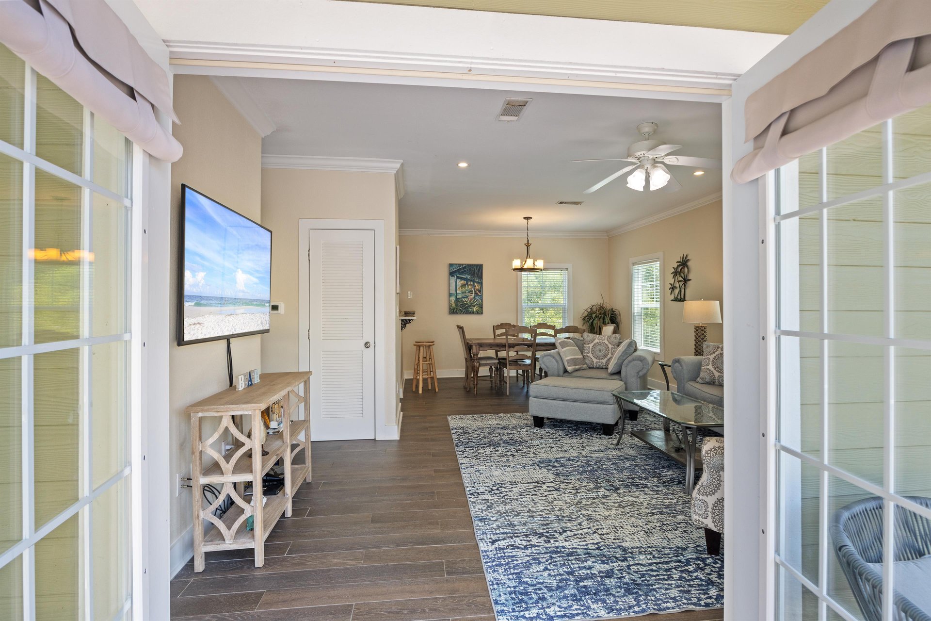 The layout downstairs makes it easy to stay connected whether youre cooking, dining, or relaxing