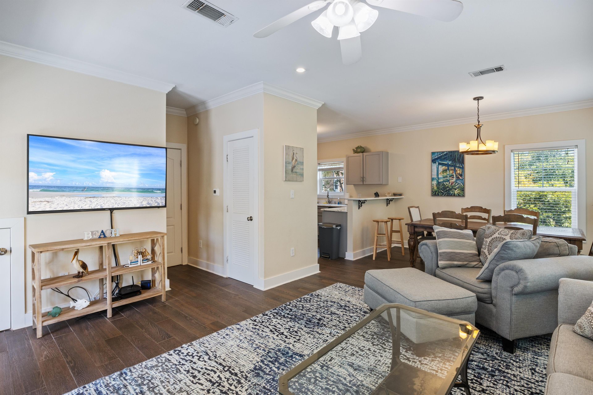 The layout downstairs makes it easy to stay connected whether youre cooking, dining, or relaxing