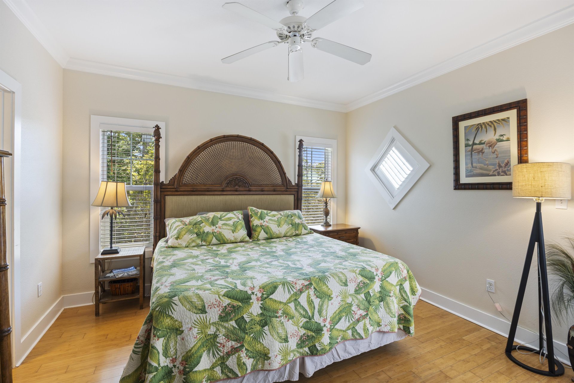 Primary bedroom with king bed—quiet, comfortable, and a great place to recharge