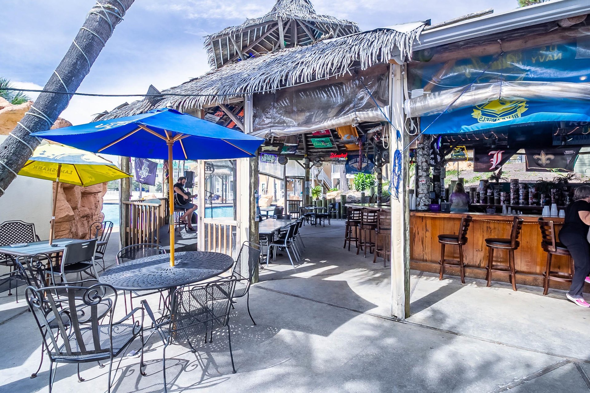 Seasonal tiki bar and grill right on site—one of the reasons we kept coming back before we bought here