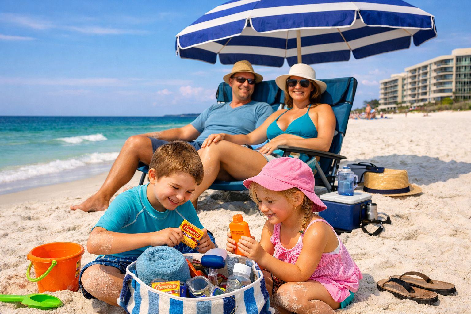 Family at Perdido Key with beach bag