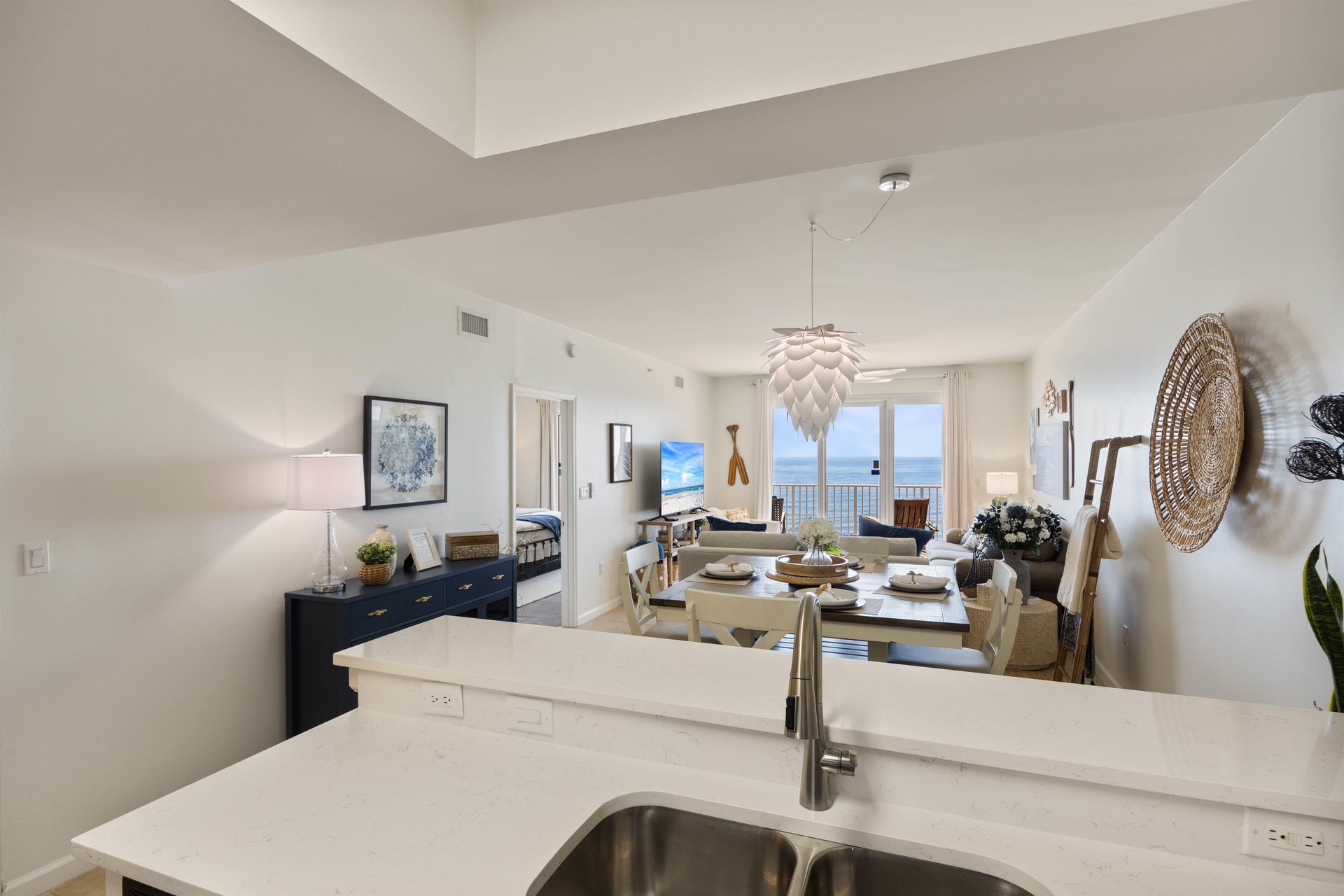 Open concept floorplan flows to prIvate 6th floor gulf front balcony.