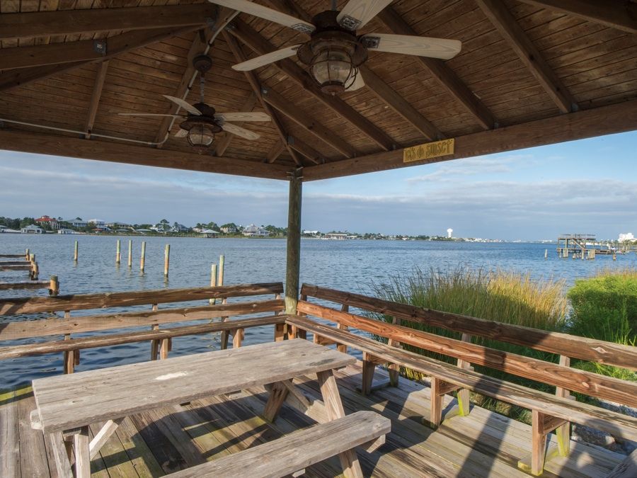 Molokai Perdido Key condos view of bayside pavilion and boat docks