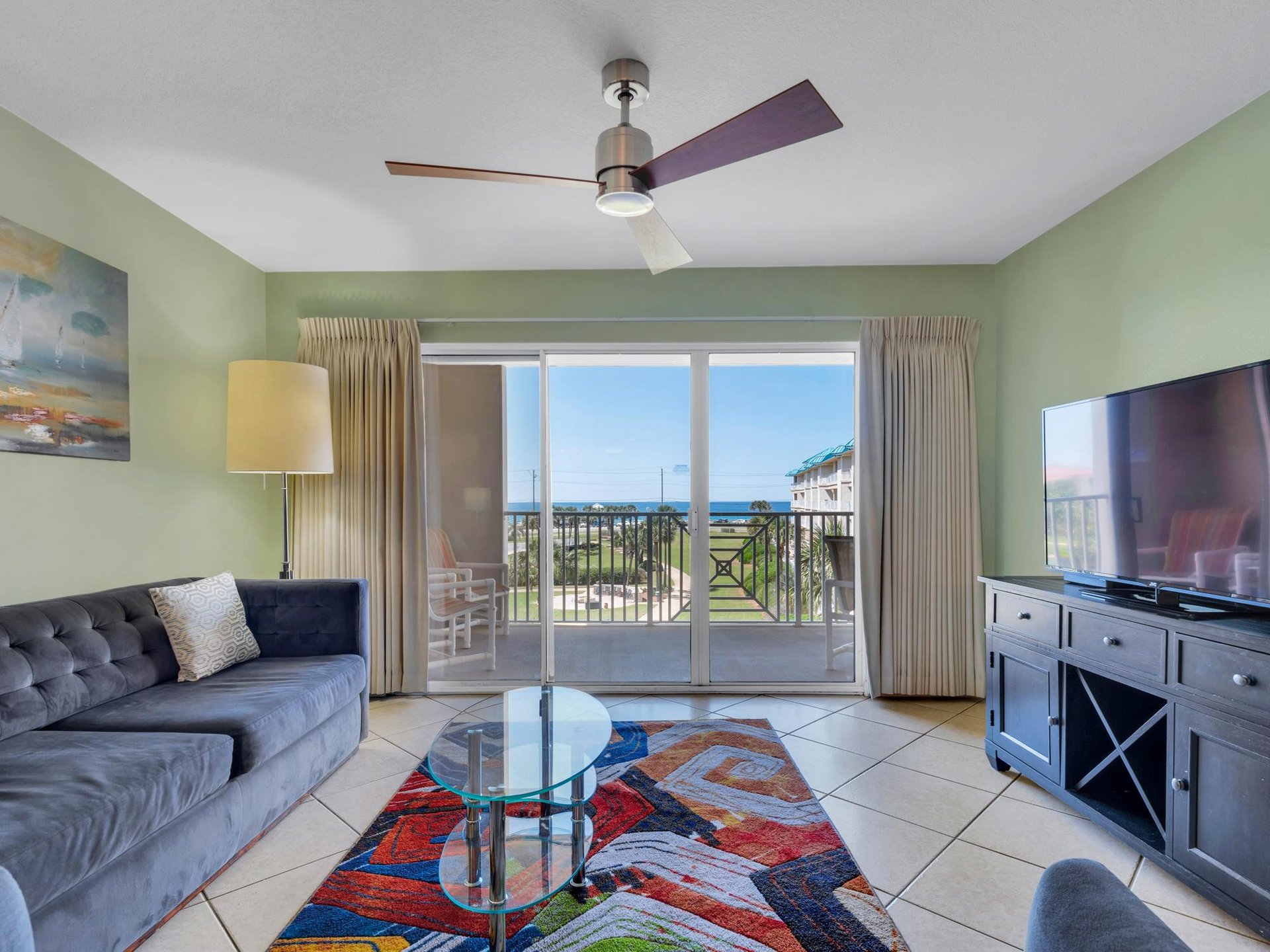 Living Room with Flat Screen TV, Gulf View  Private Balcony
