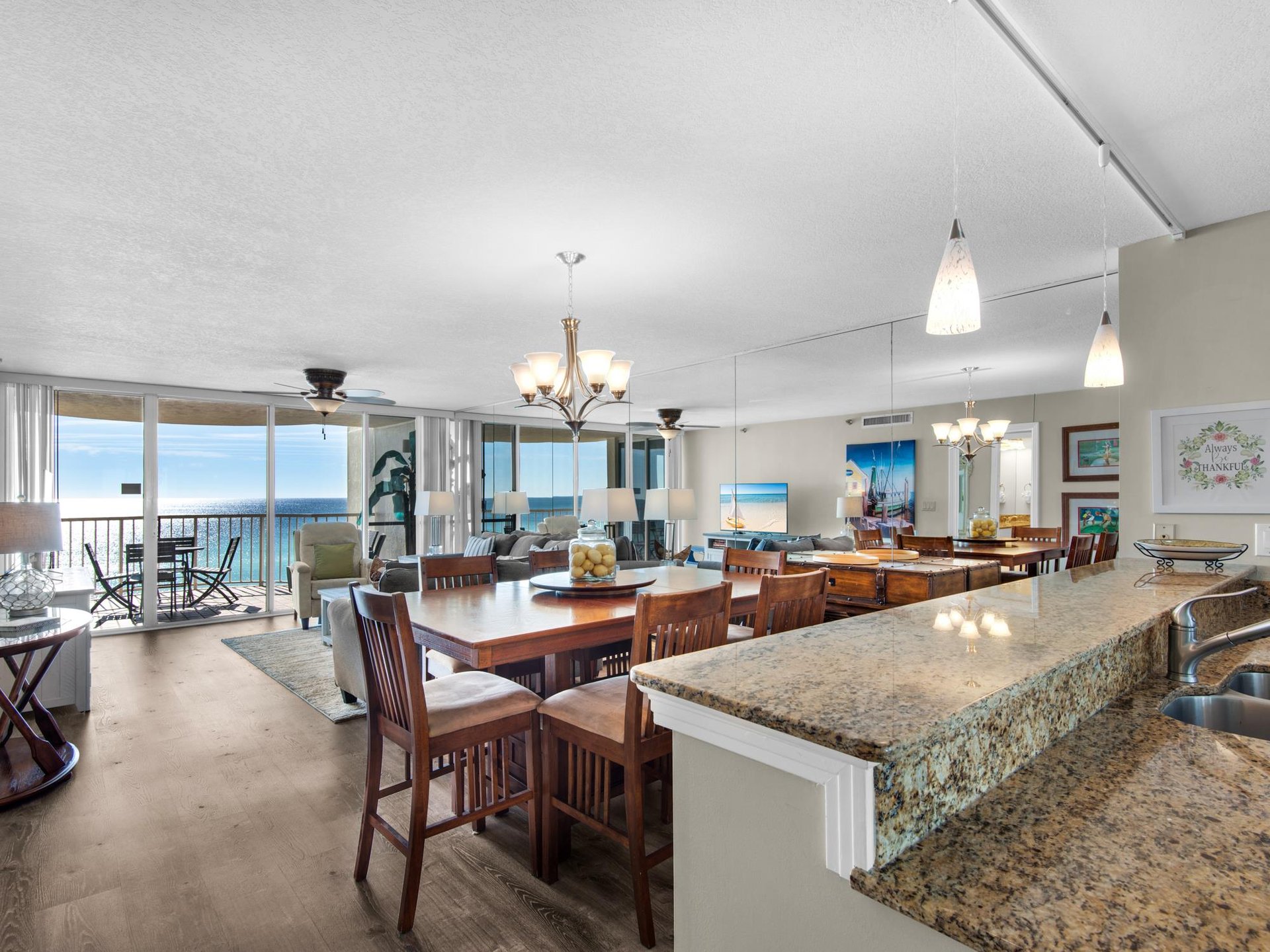 View of Dining, Living and Gulf from Kitchen