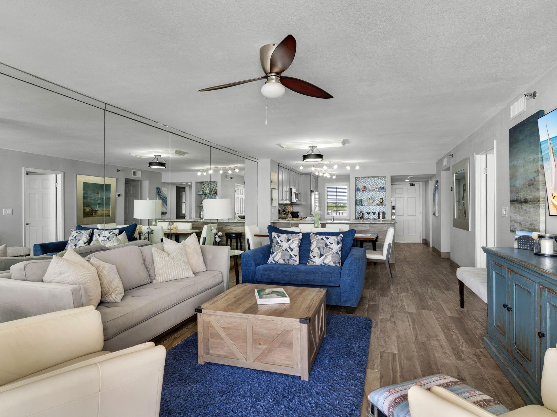 Living Room Opens to Dining and Kitchen