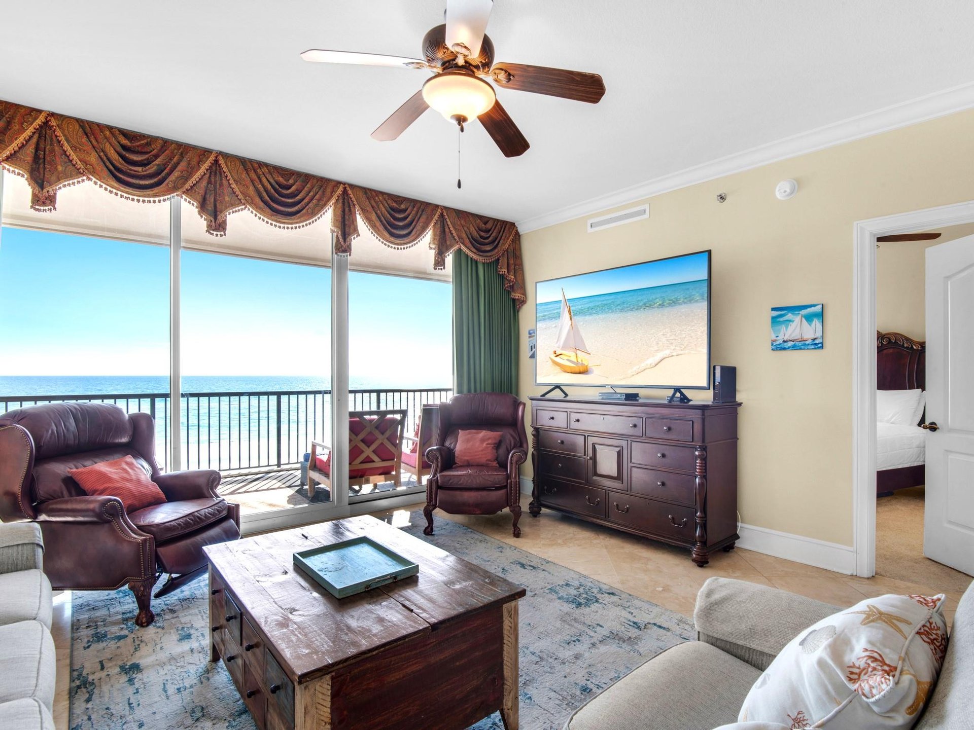 Living area with Gulf View and Large Smart TV