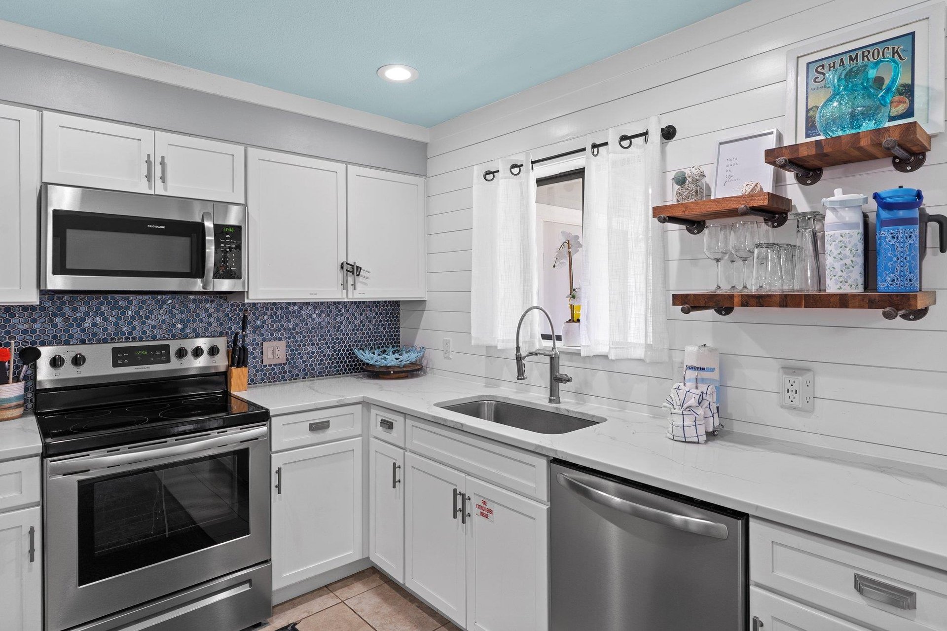 Kitchen 1st Floor with Floating Shelves and Ship Lap Walls