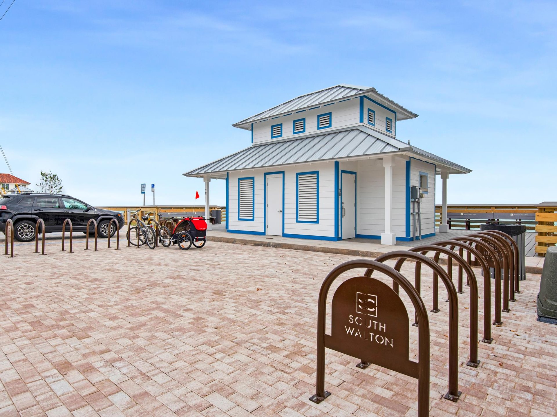Public beach access with bike rack across the street