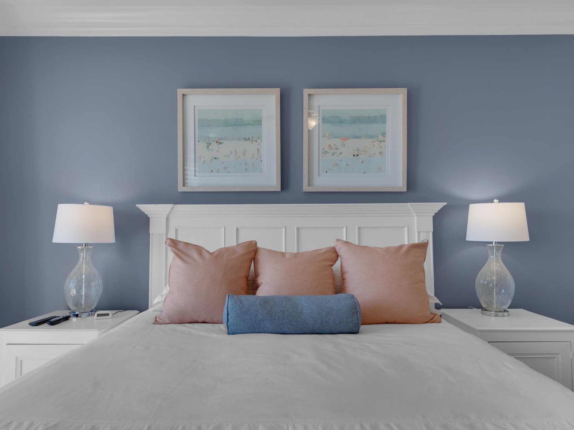 Primary bedroom with coastal vibe