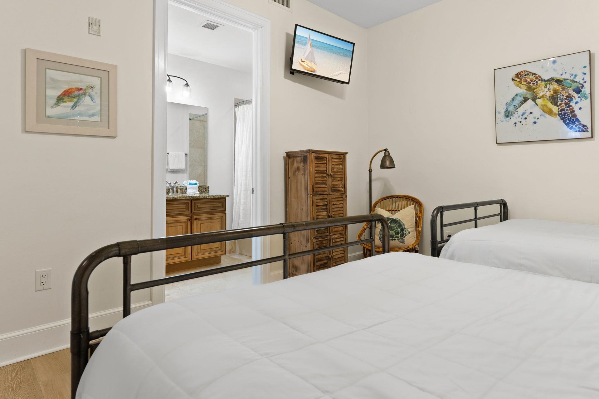 Bedroom 4 on 1st Floor with 2 Double Beds and Flat Screen TV