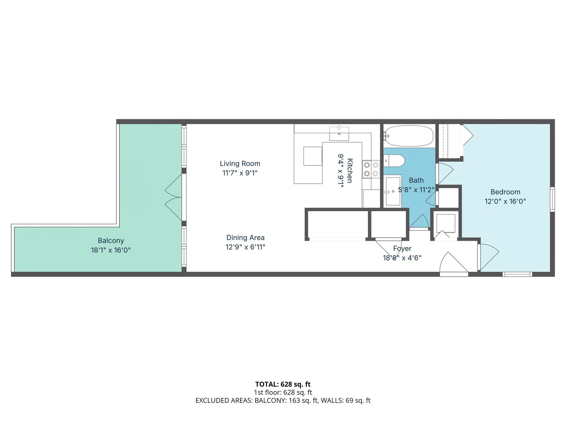 This floor plan shows your spacious retreat with an open living area, private bedroom, and generous balcony for outdoor relaxation.