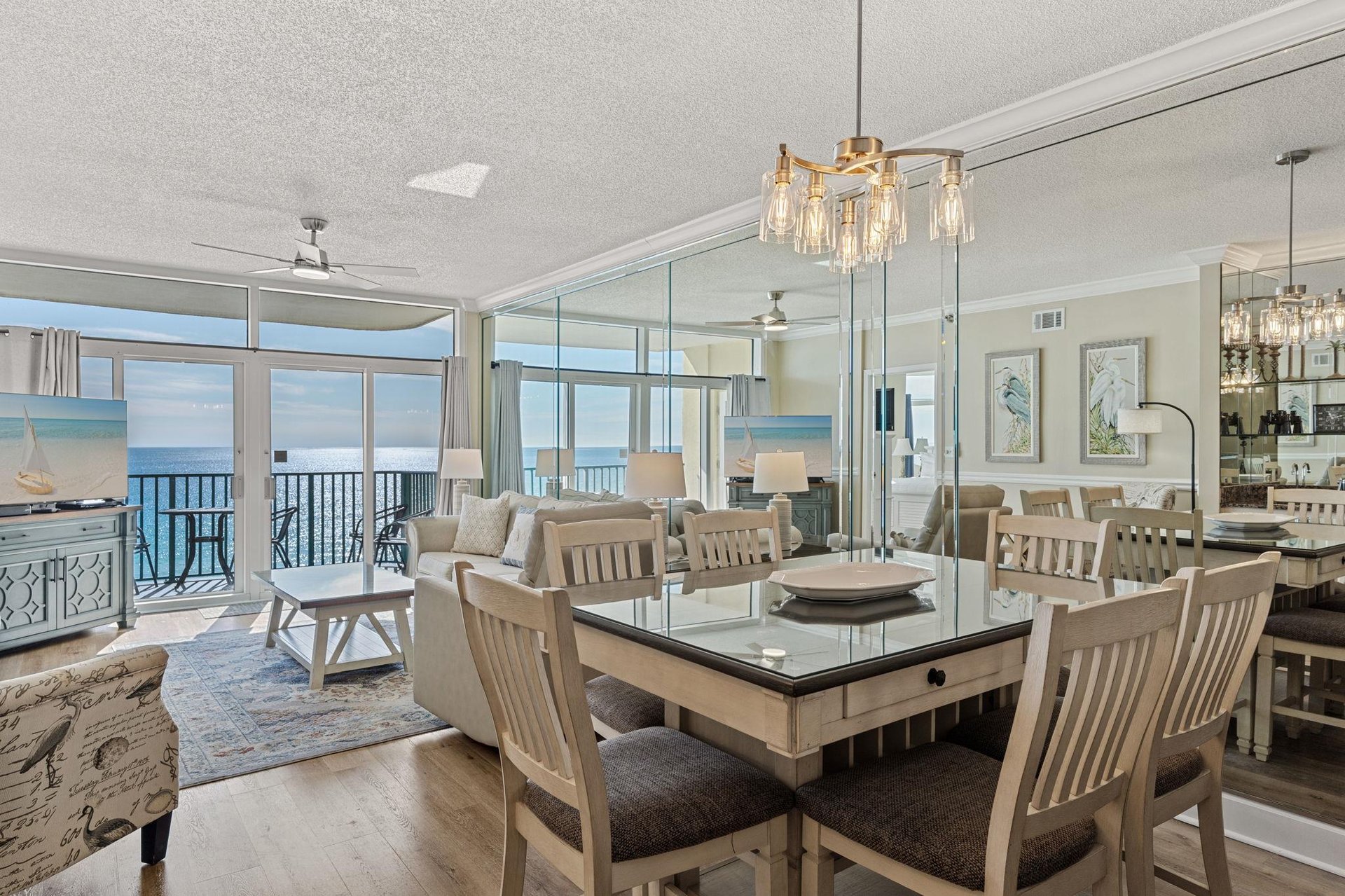A bright, elegant dining space with beach views.