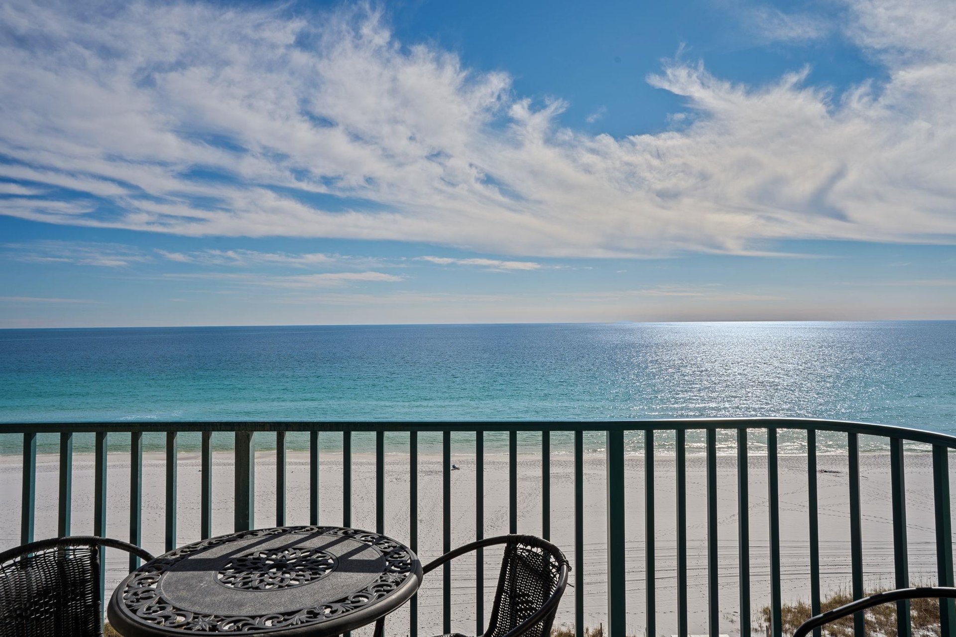 Expansive ocean views stretch endlessly from this oceanfront balcony.