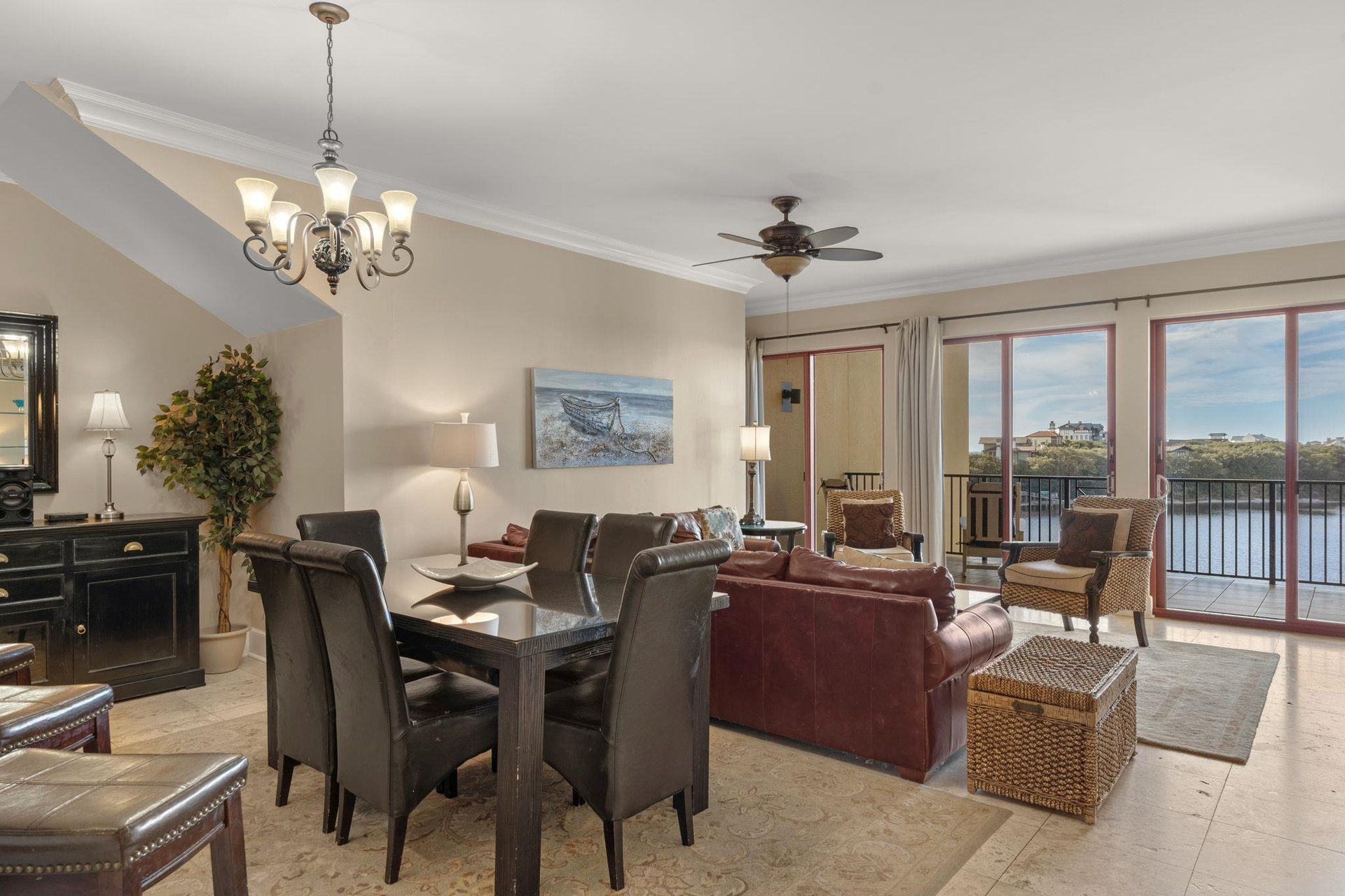 Relax in your elegant living space with leather seating, dining for six, and stunning waterfront views from your private balcony.