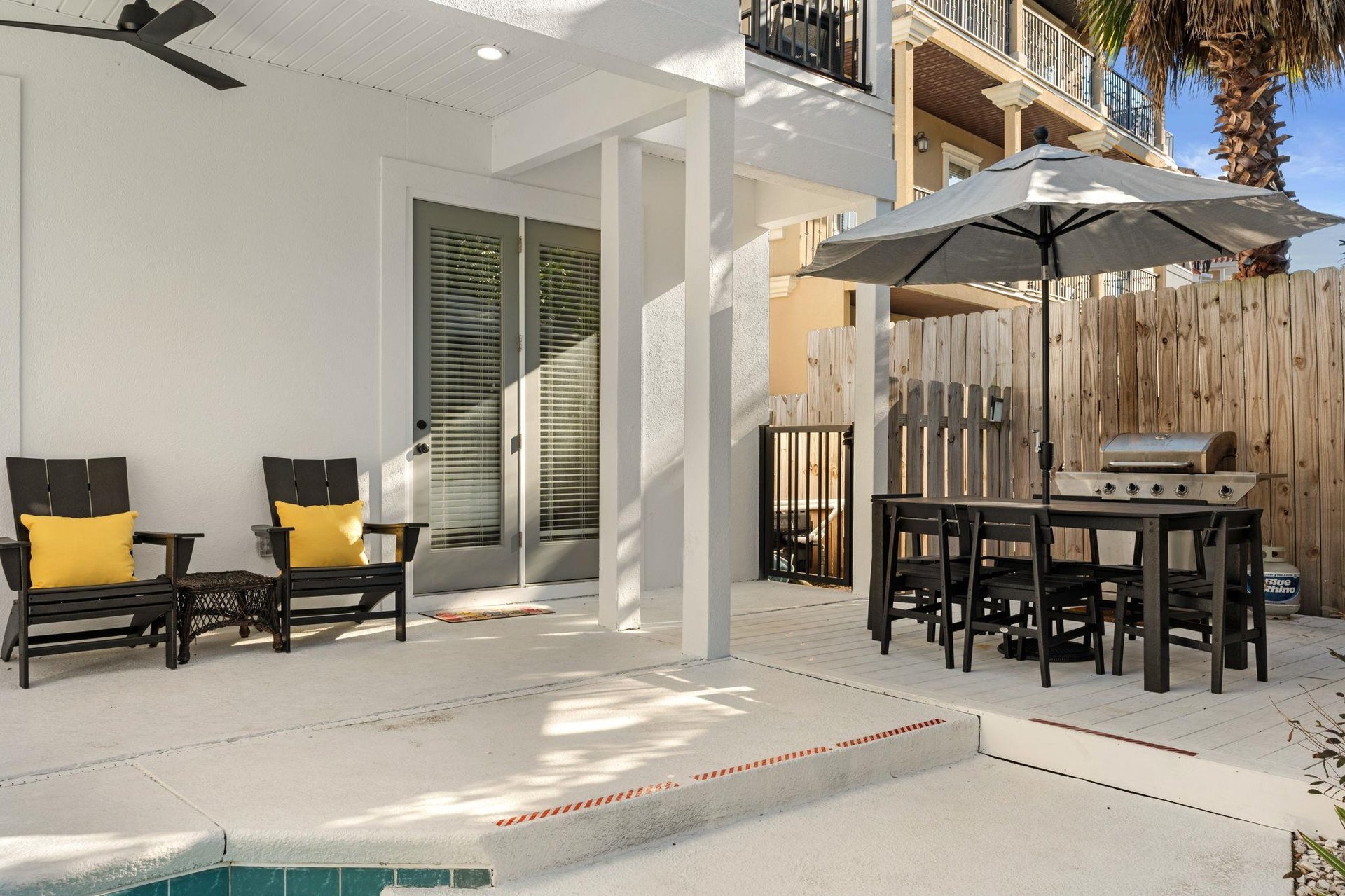 Relax on your private patio with comfortable seating, outdoor dining, and BBQ grill  perfect for morning coffee or sunset dinners.