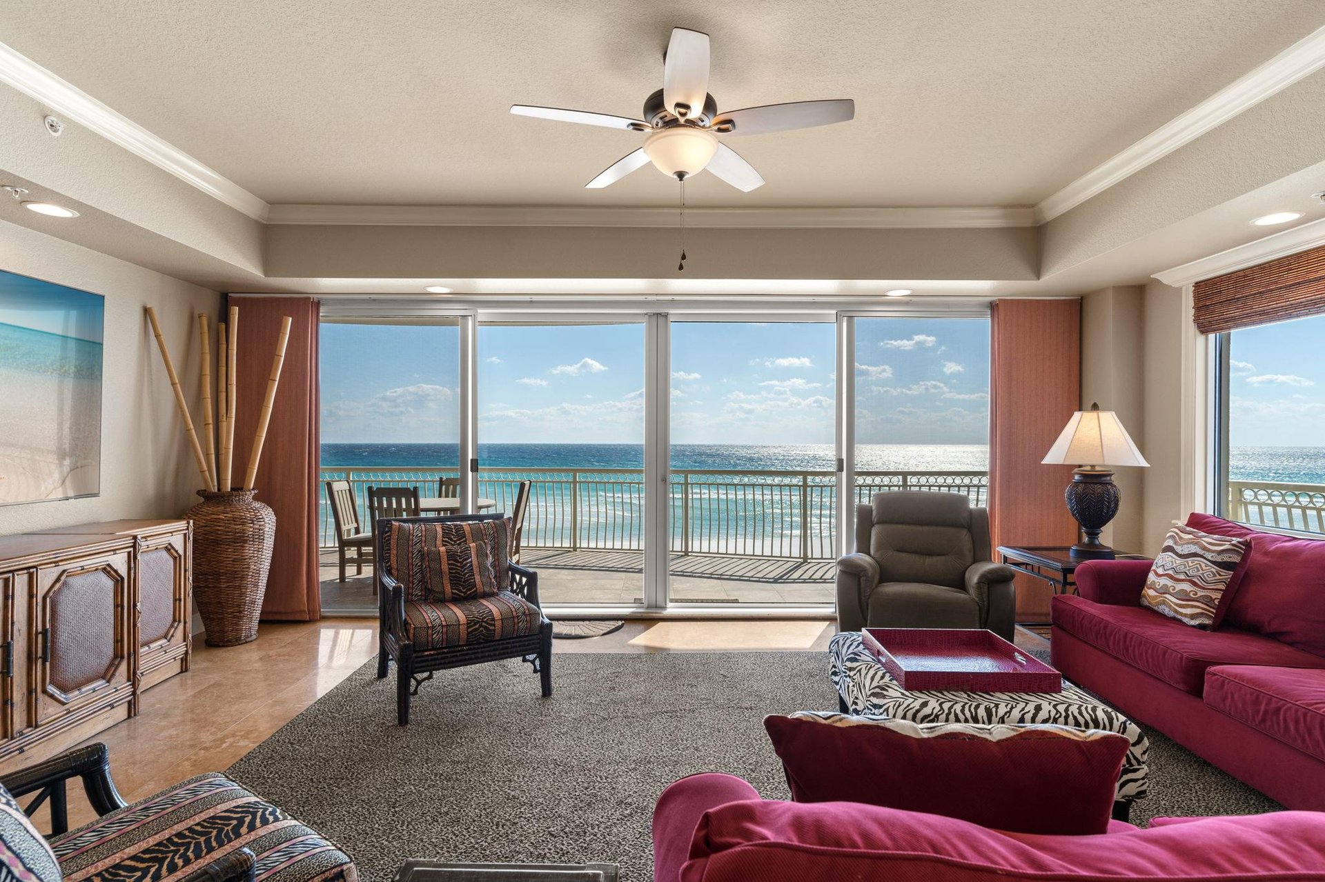Unwind in your oceanfront living room where floortoceiling windows frame endless sea views and gentle breezes flow through your private balcony.