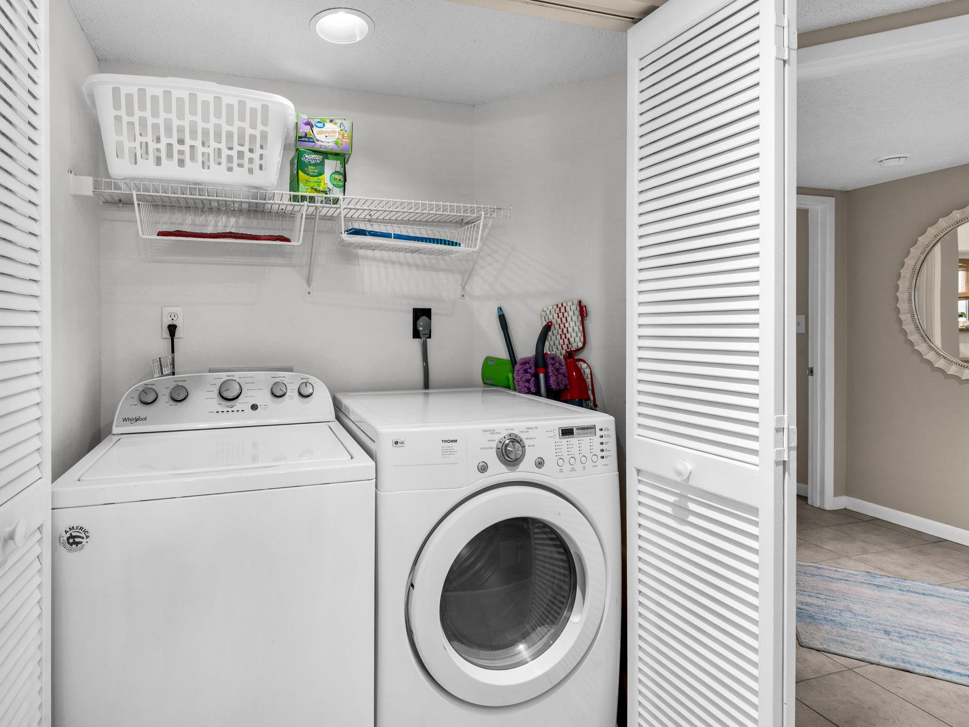 Your dedicated laundry closet keeps your vacation wardrobe fresh with fullsize washer and dryer, plus organized storage for supplies.