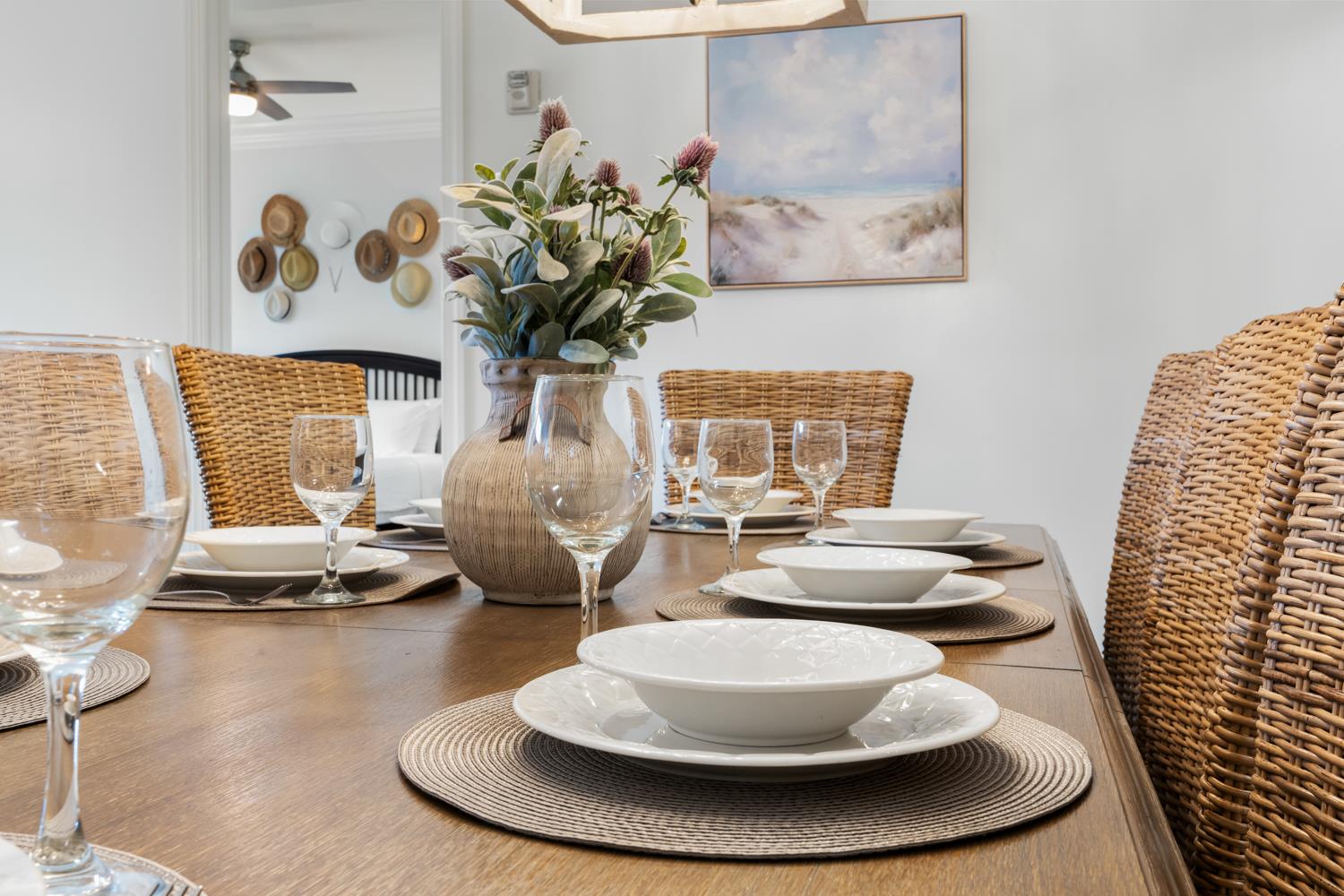 Coastalthemed dining area with plenty of space for family gatherings.