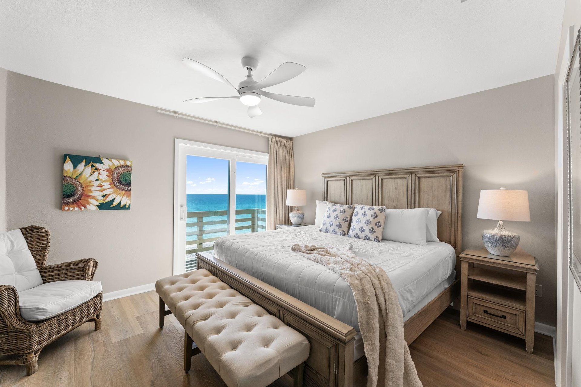 Wake up to stunning ocean views in Bedroom 1 from your comfortable king bed, with gentle sea breezes and coastal charm surrounding you.