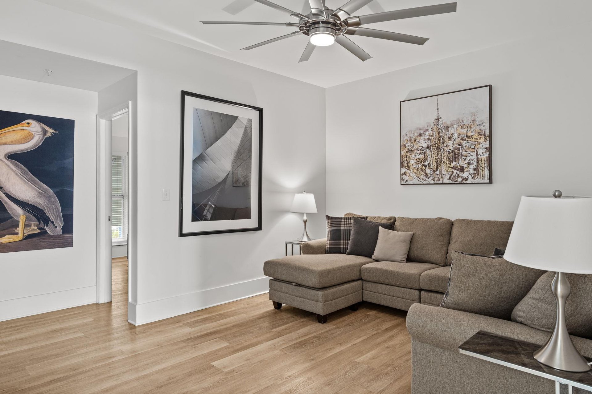 Relax with modern art and comfortable seating.