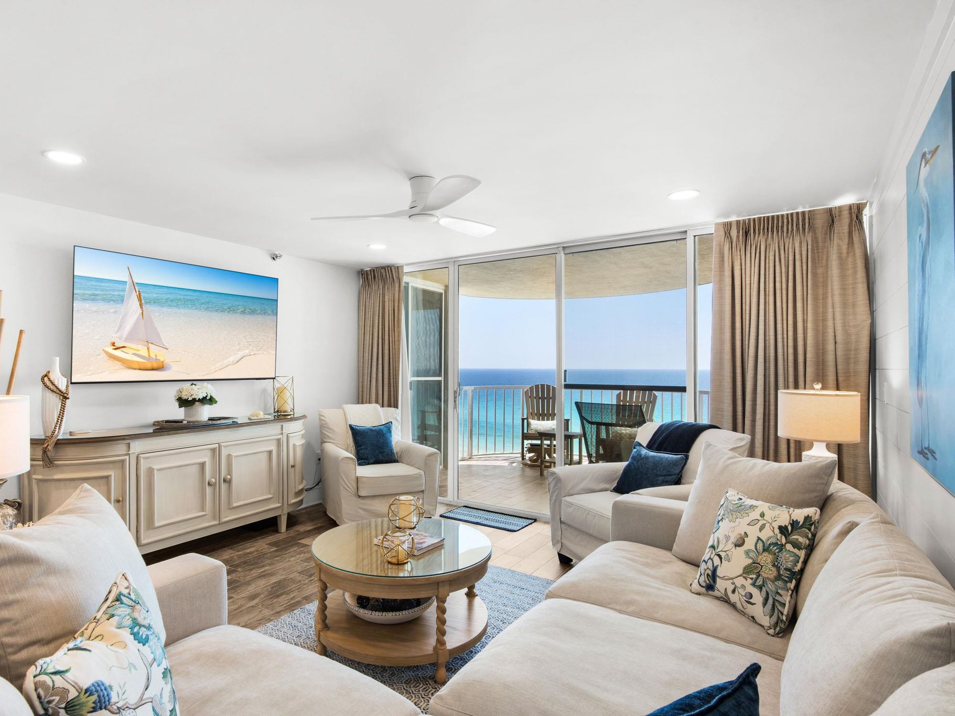 Unwind in your coastal haven with stunning ocean views from floortoceiling windows and a private balcony.