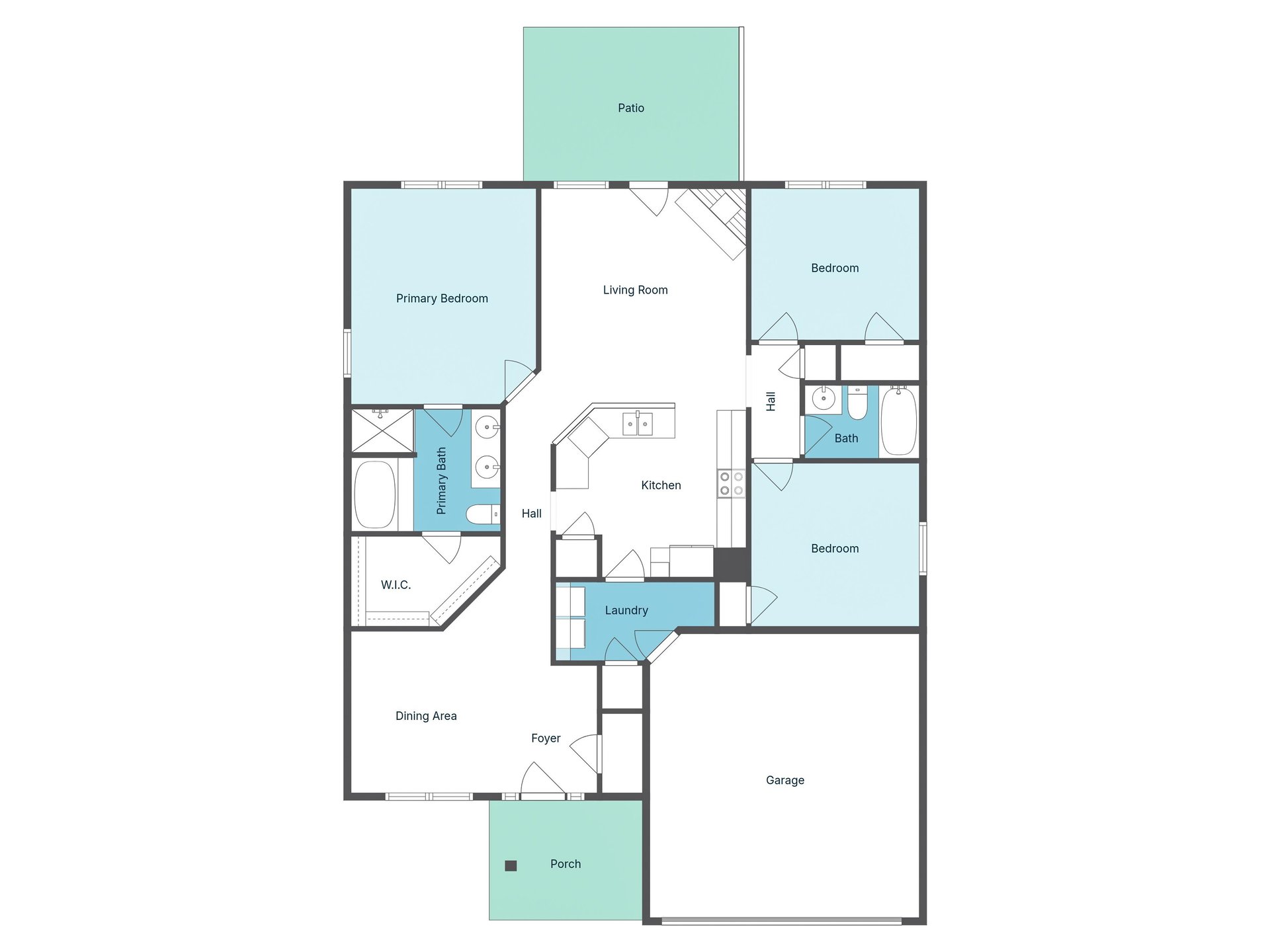 Detailed floor plan showcasing your spacious layout with three bedrooms, two baths, full kitchen, and private patio for outdoor relaxation.