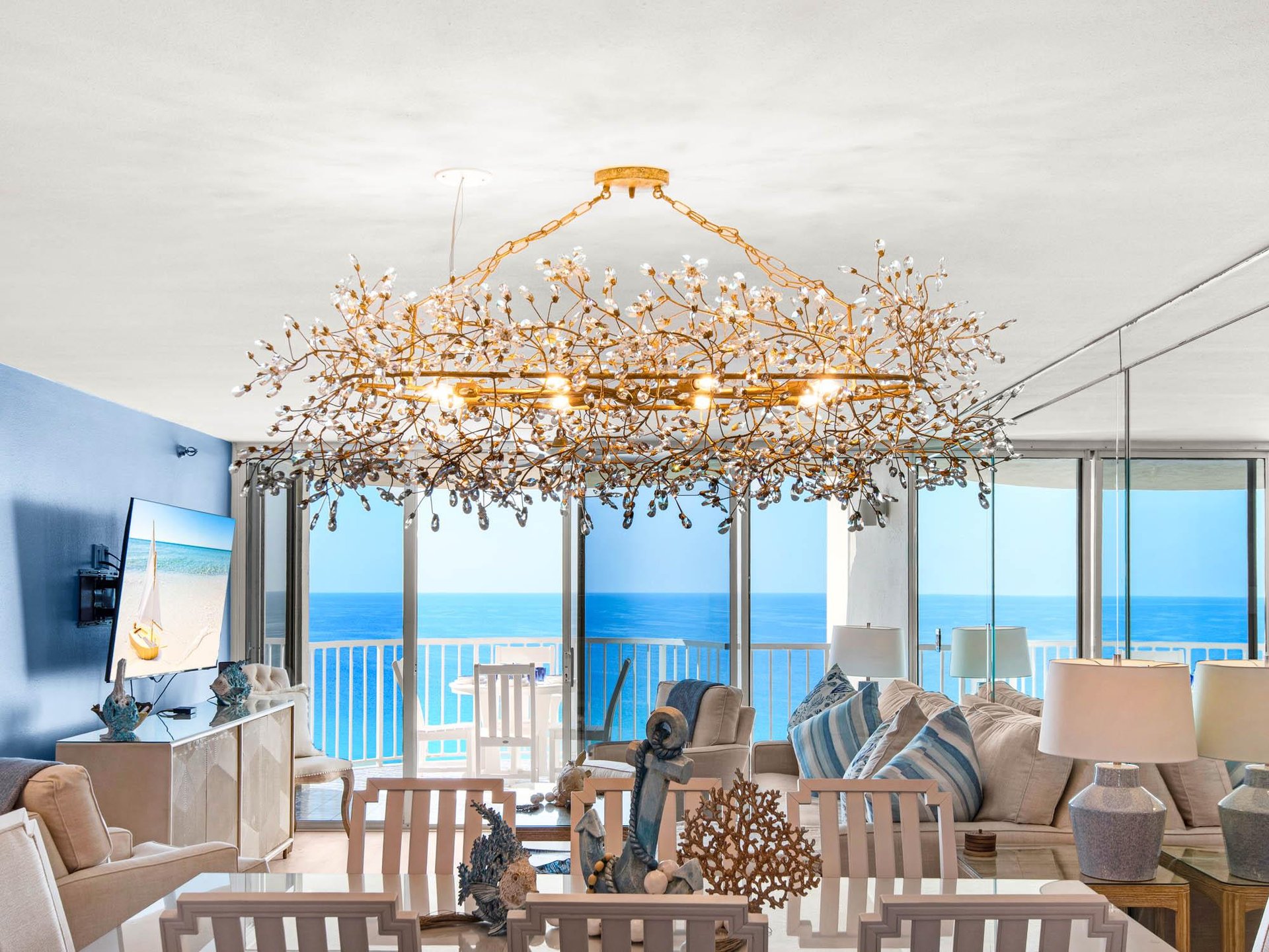 View from the Kitchen of Italian Crystal Chandelier, Dining, Living andGulf