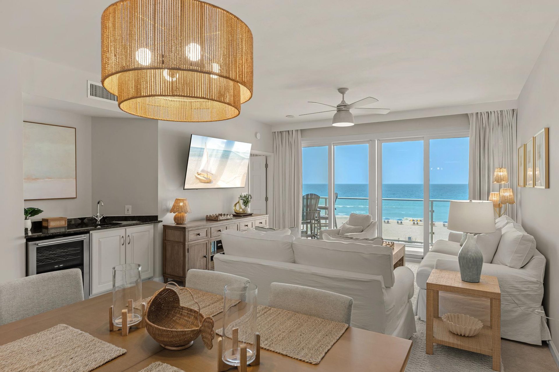 Your oceanfront condo features stunning beach views, and coastalinspired decor with natural textures and soothing neutral tones.