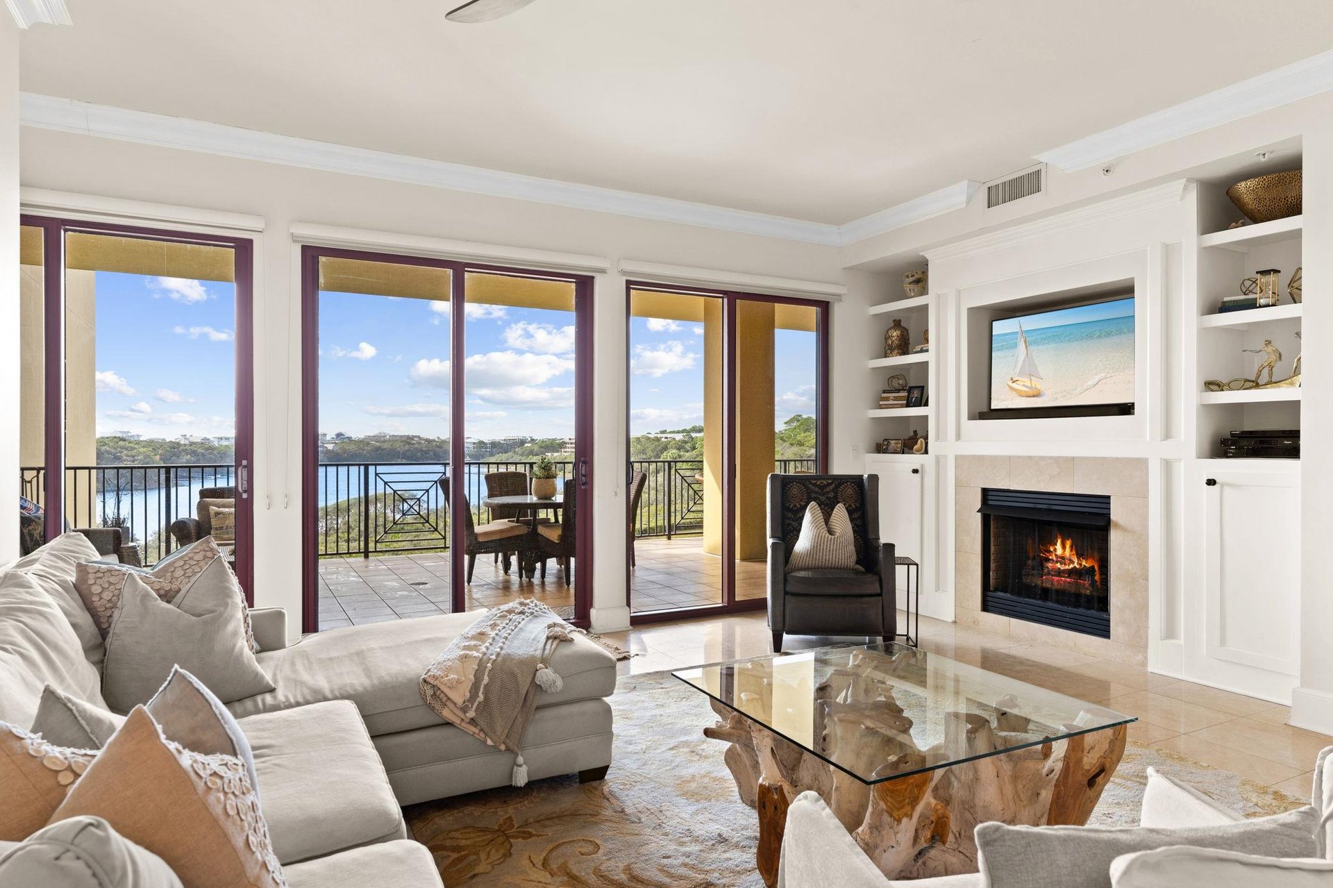Living Area on 1st Floor with Fireplace and Private Balcony