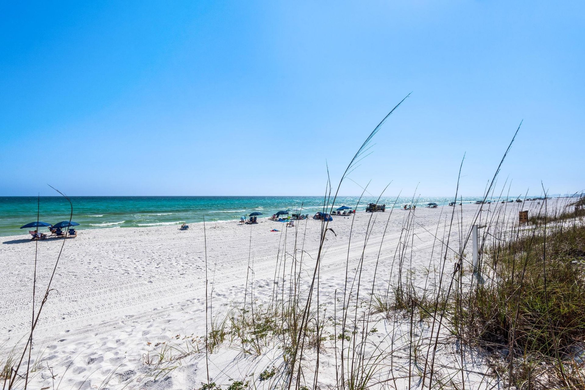 Pristine white sand beach stretches along turquoise waters, with natural dune grasses creating a peaceful coastal setting.