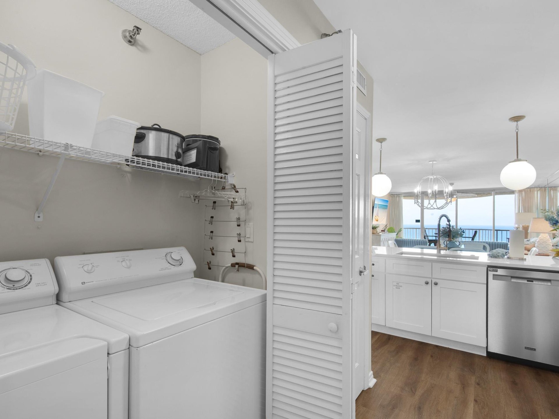 Your inunit washer and dryer make vacation life effortless, with convenient shelving for laundry essentials