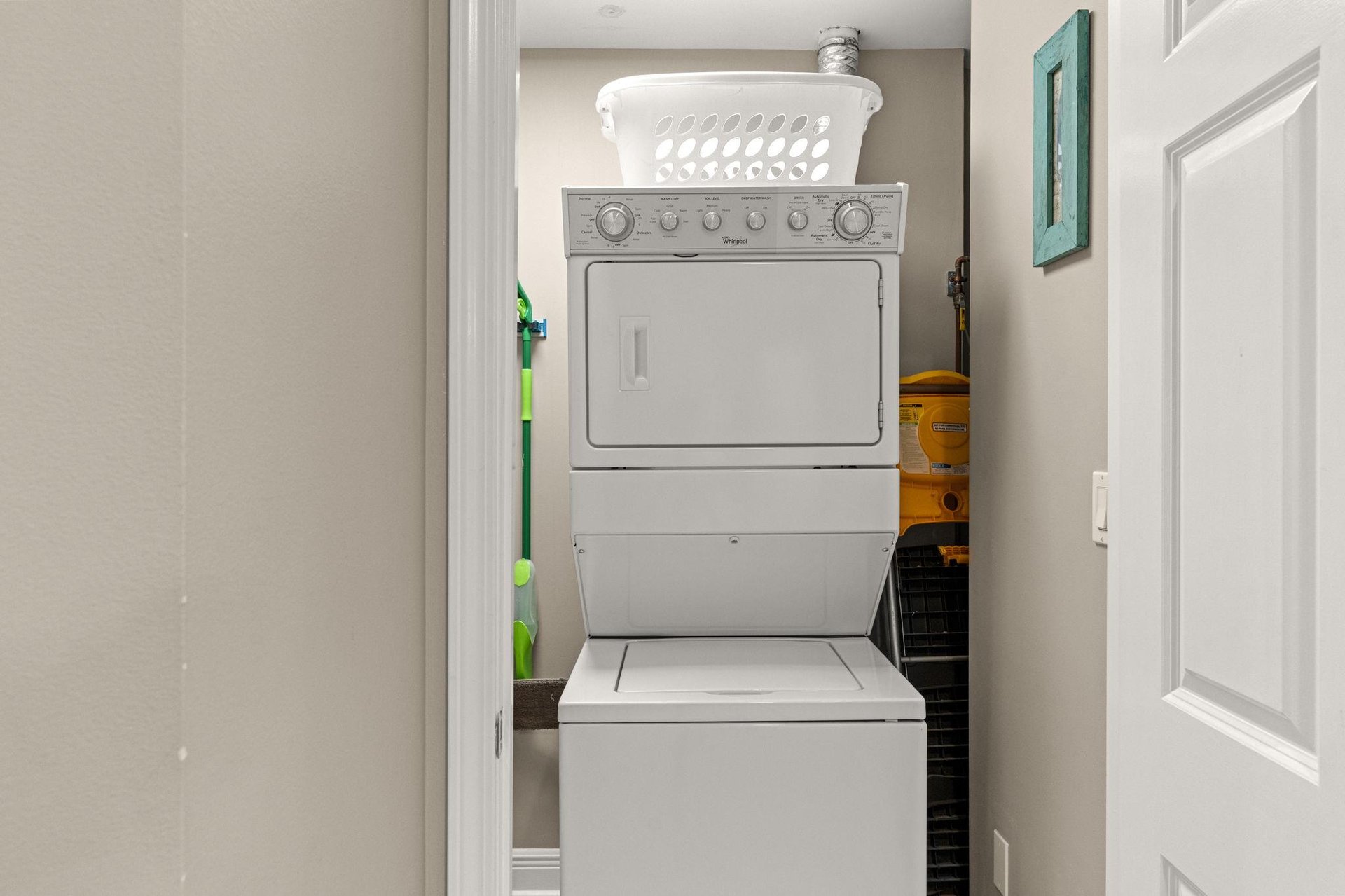 Convenient inunit stackable washer and dryer keep your clothes fresh throughout your stay, so you can pack light and enjoy more adventures.