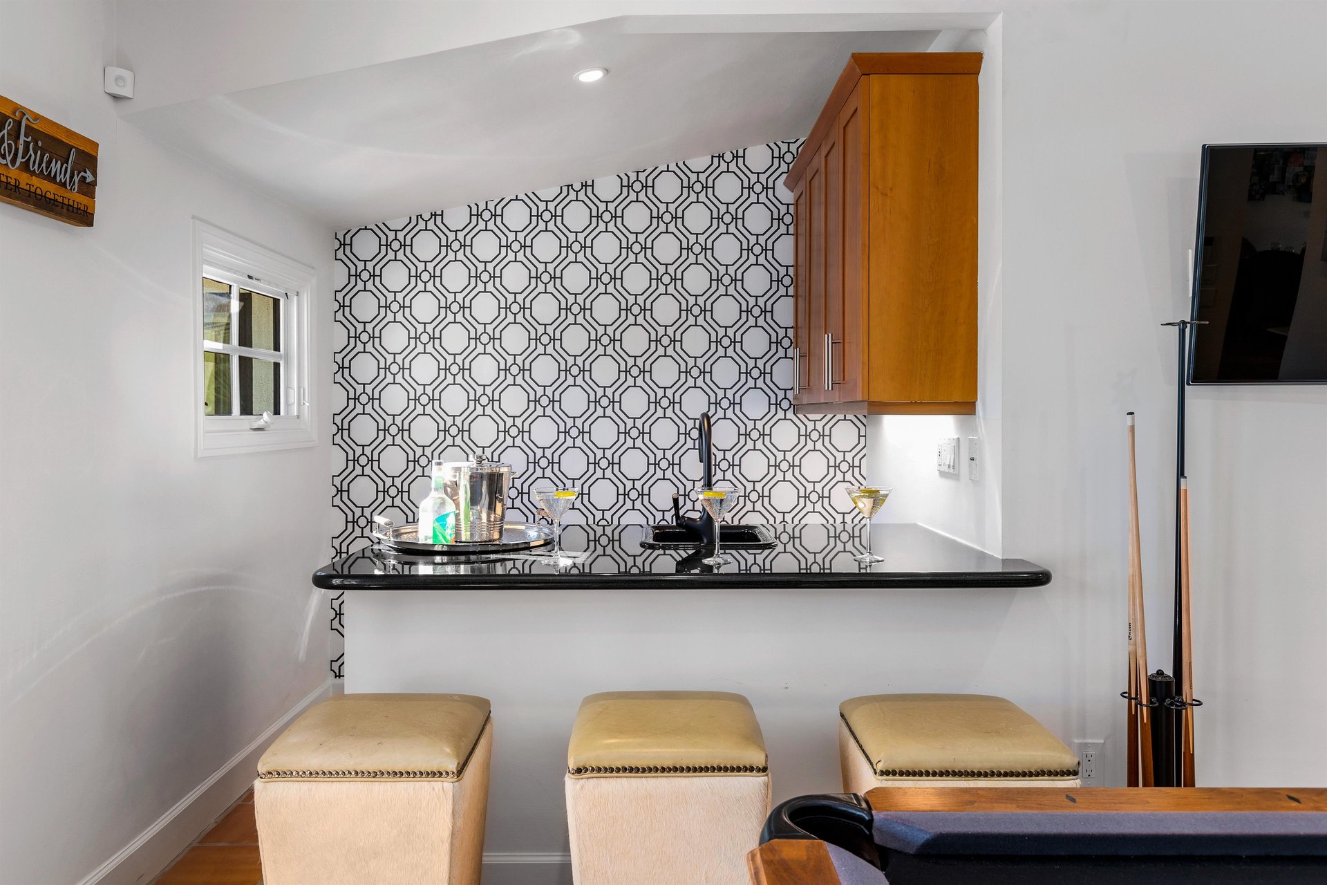 Wet bar with seating for three