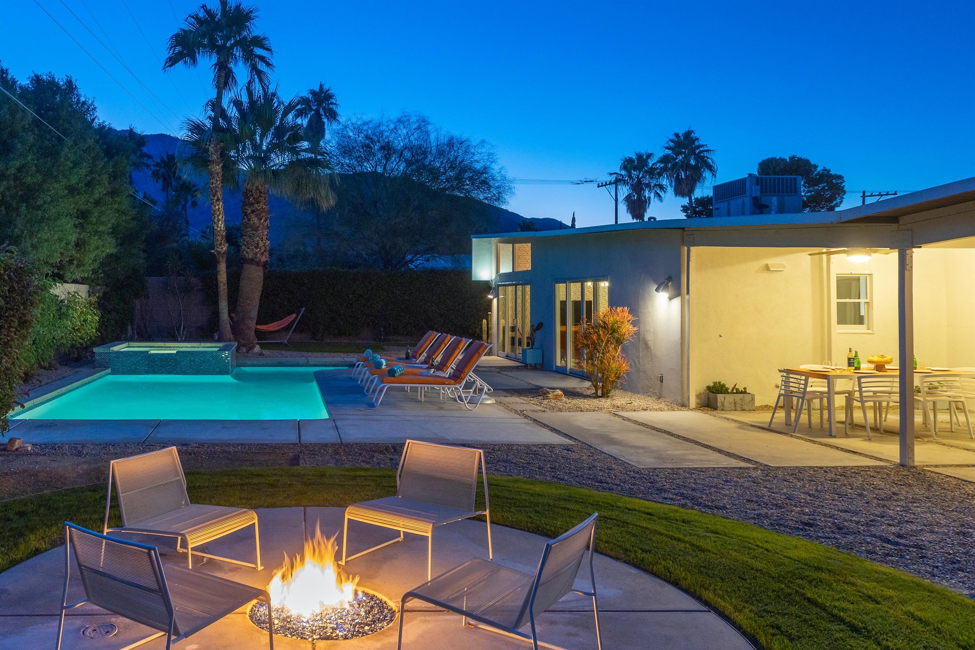 Comfortable seating around outdoor fire feature