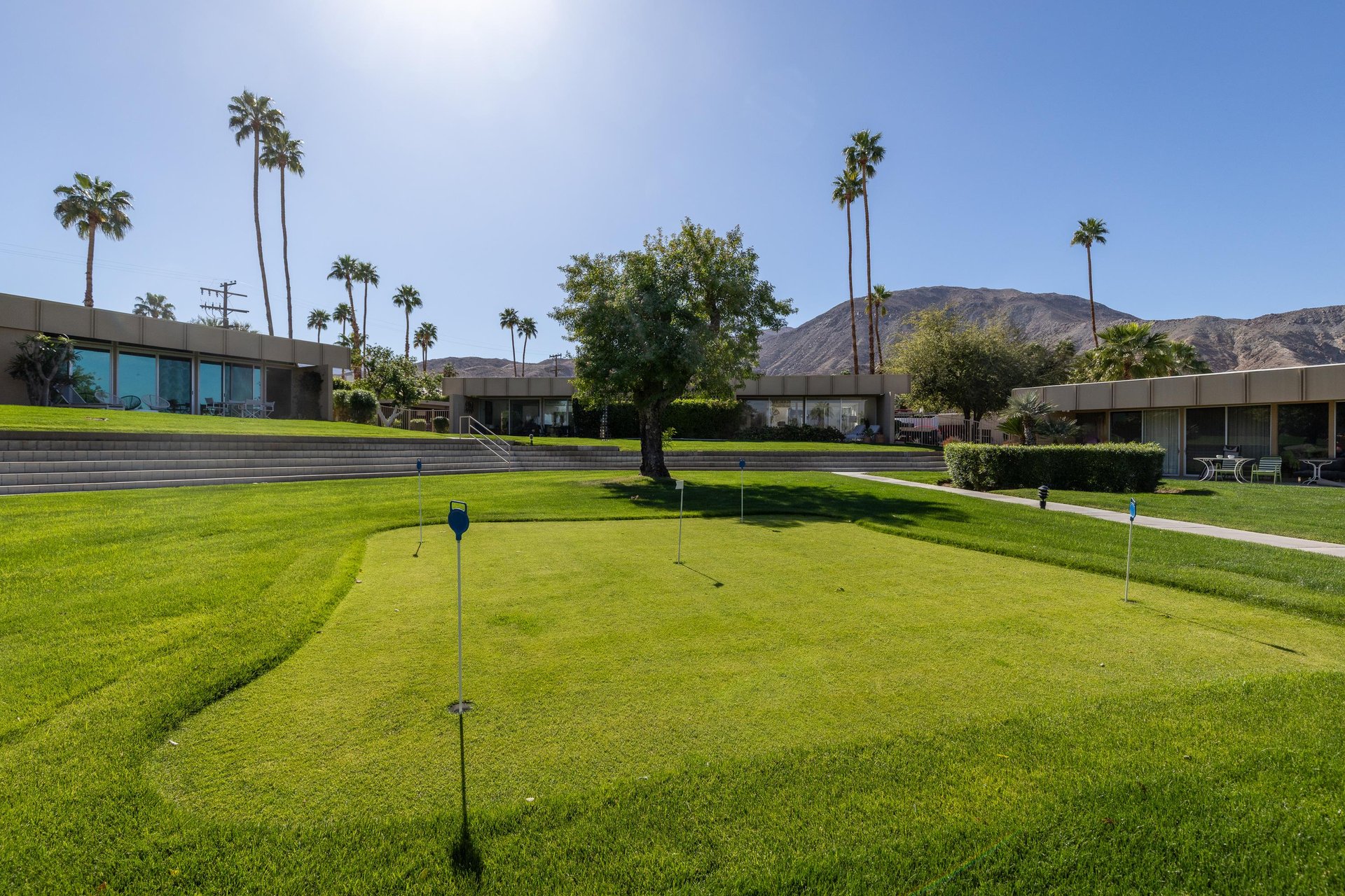 Bring your golf clubs to practice your swing and putts